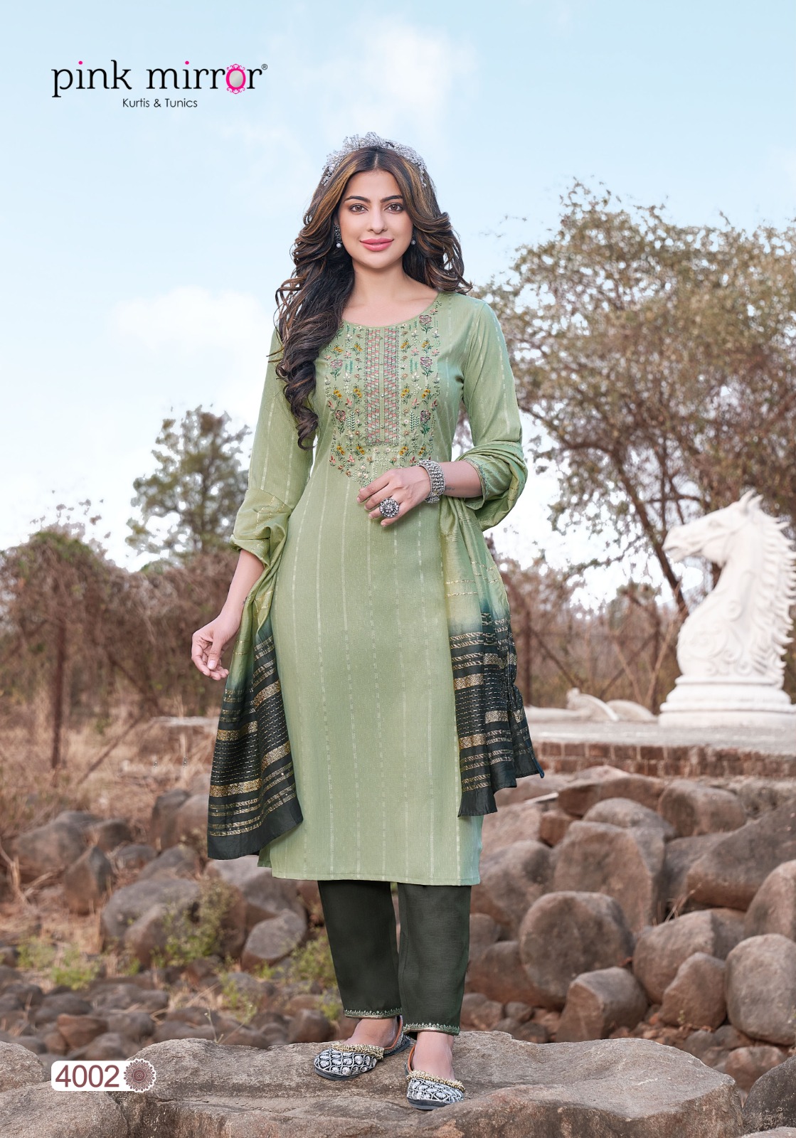Pink Mirror Moment Viscose Embroidery Designer Kurti Combo Set Wholesaler Surat