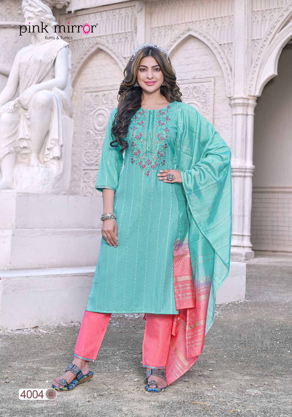 Pink Mirror Moment Viscose Embroidery Designer Kurti Combo Set Wholesaler Surat