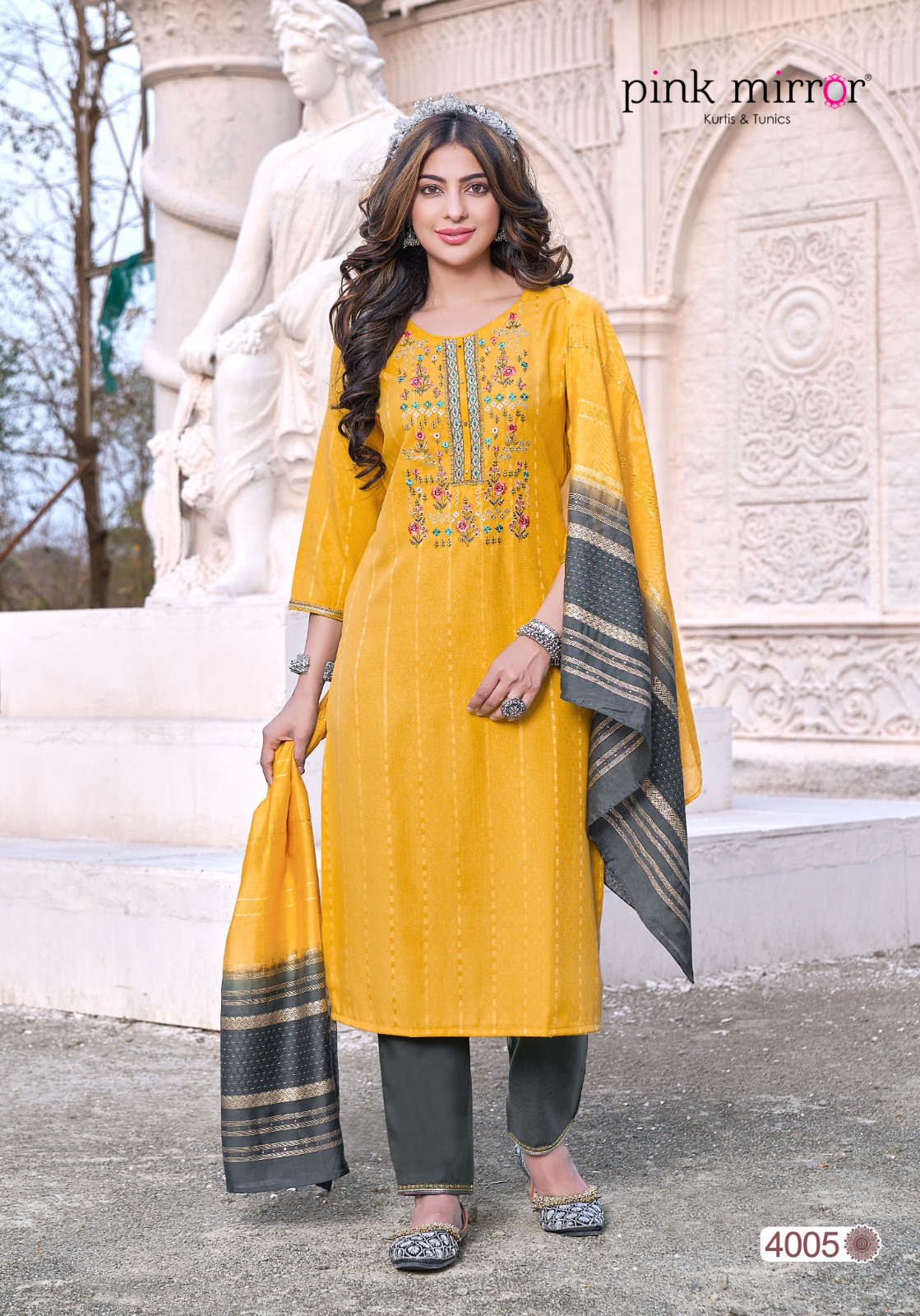 Pink Mirror Moment Viscose Embroidery Designer Kurti Combo Set Wholesaler Surat