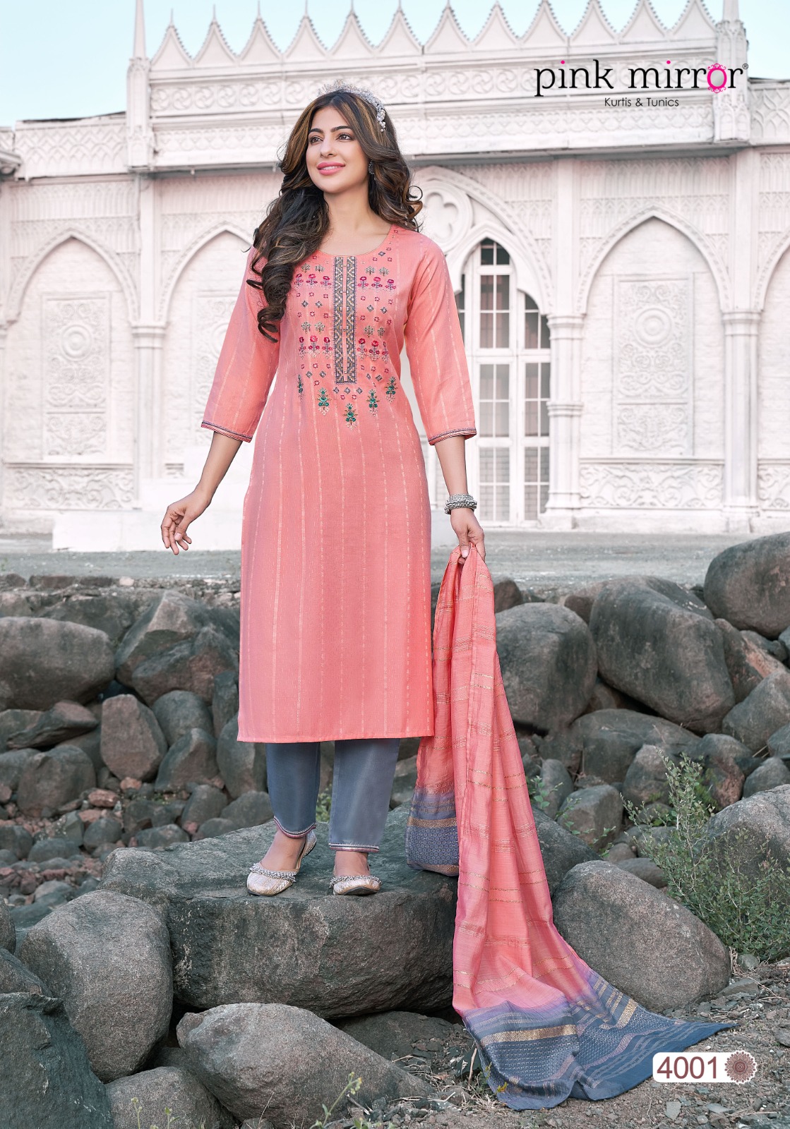 Pink Mirror Moment Viscose Embroidery Designer Kurti Combo Set Wholesaler Surat