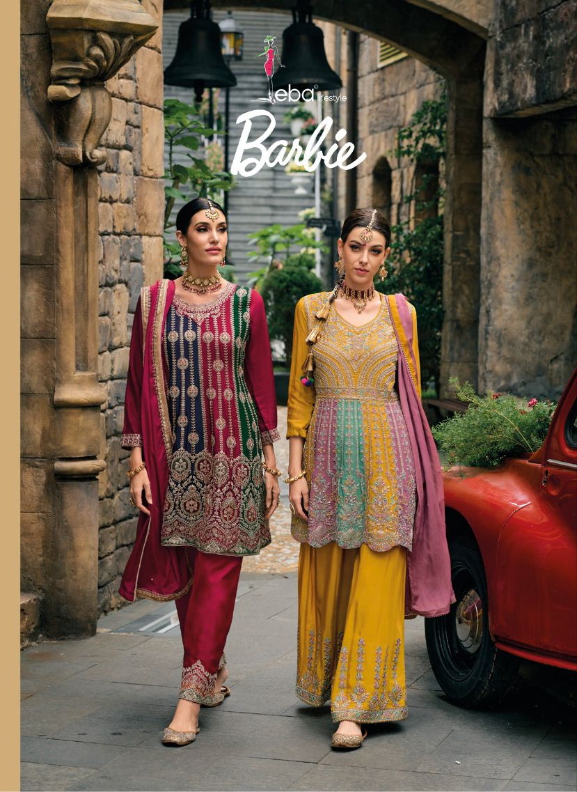 Eba Life Style Barbie Chinon With Heavy Beautiful Embroidery Designer Ready Made Suits Wholesaler Surat