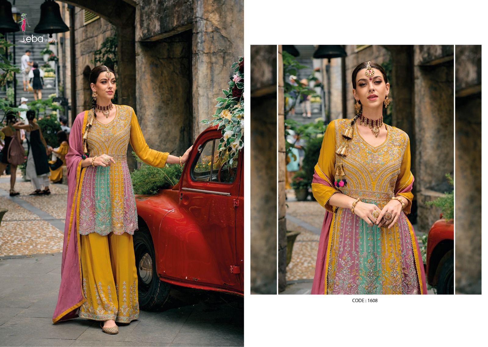 Eba Life Style Barbie Chinon With Heavy Beautiful Embroidery Designer Ready Made Suits Wholesaler Surat
