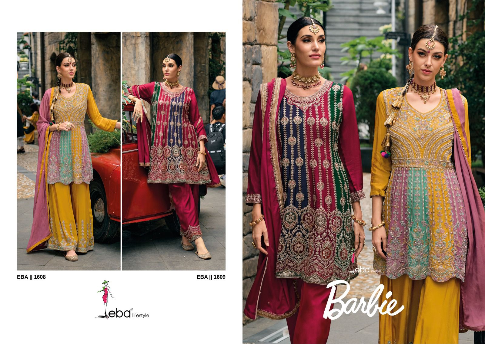 Eba Life Style Barbie Chinon With Heavy Beautiful Embroidery Designer Ready Made Suits Wholesaler Surat