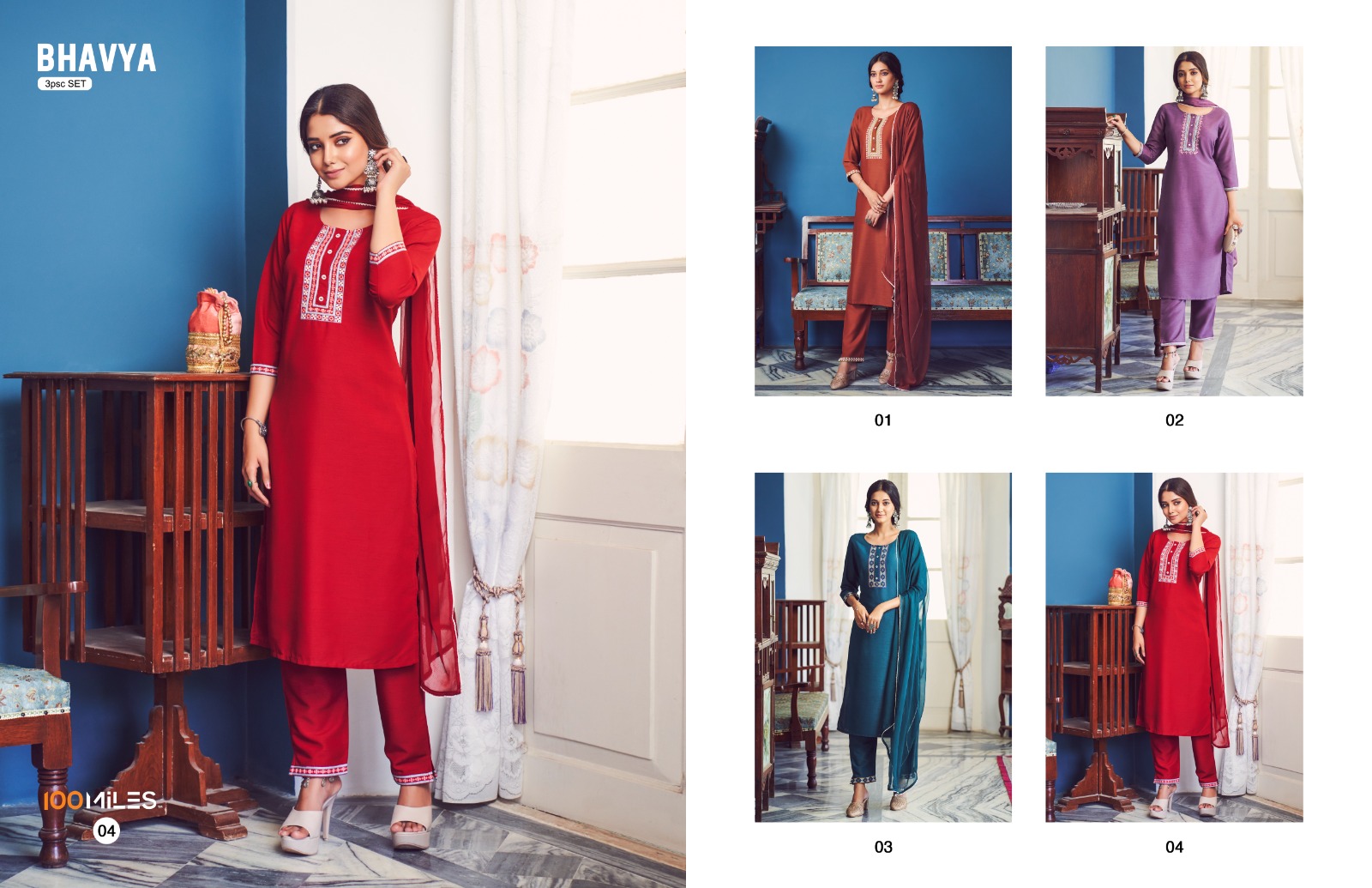 100 Miles  Bhavya Cotton Fancy Embroidery Work Kurti Combo Set Wholesaler Surat