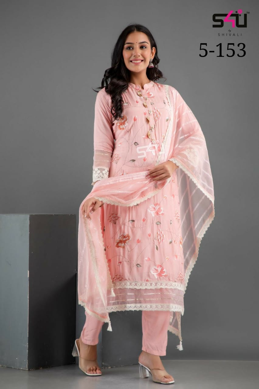 S4u Shivali D No 5-153 Amazing Designer Work Fancy Kurti With Pant And Dupatta Set Wholesaler Surat