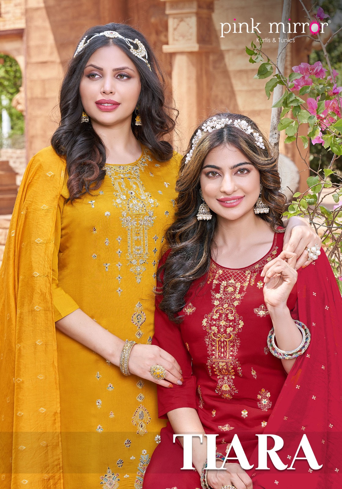 Pink Mirror Tiara Viscose Silk With Embroidery Designer Heavy Kurti Combo Set Wholesaler Surat