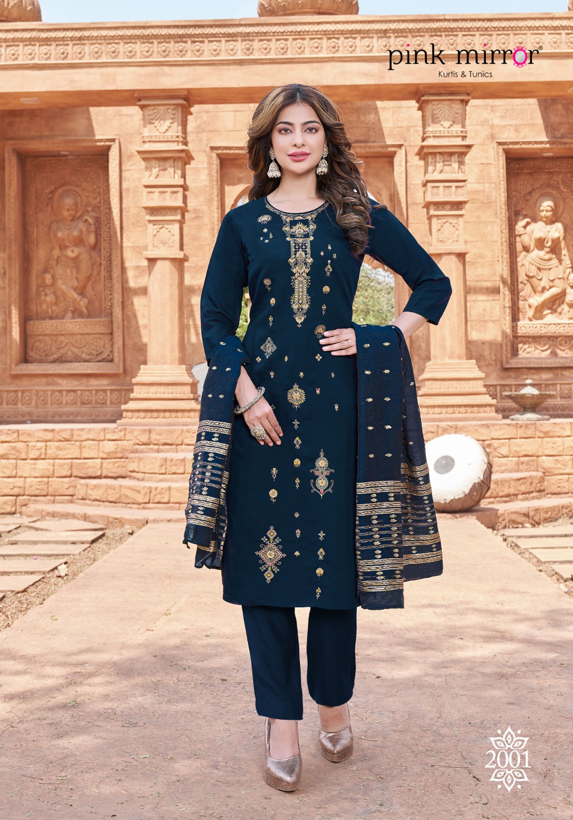 Pink Mirror Tiara Viscose Silk With Embroidery Designer Heavy Kurti Combo Set Wholesaler Surat