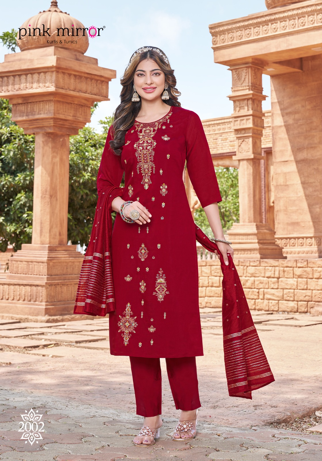 Pink Mirror Tiara Viscose Silk With Embroidery Designer Heavy Kurti Combo Set Wholesaler Surat