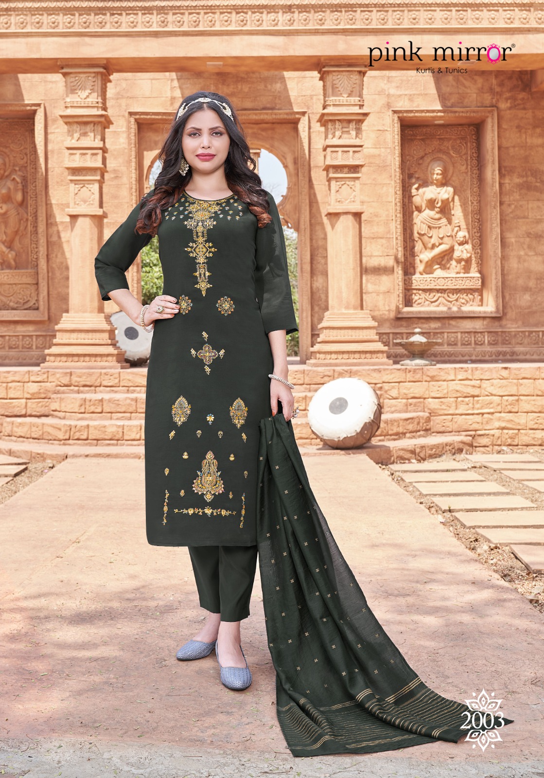 Pink Mirror Tiara Viscose Silk With Embroidery Designer Heavy Kurti Combo Set Wholesaler Surat