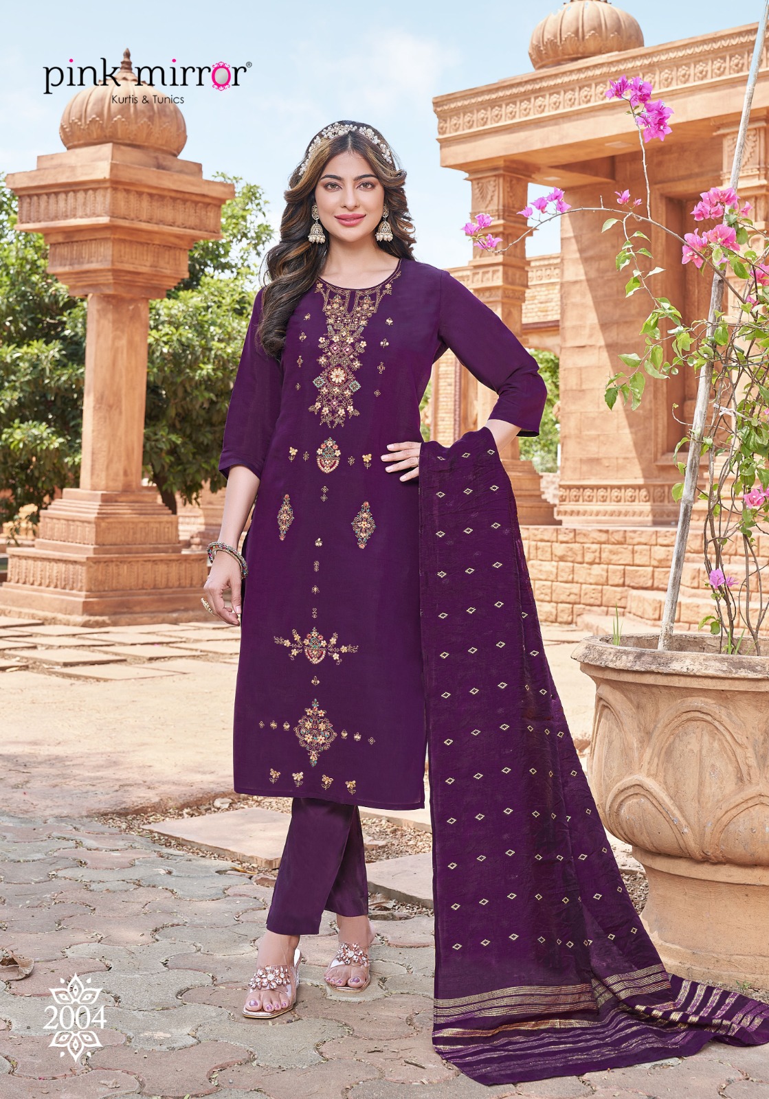 Pink Mirror Tiara Viscose Silk With Embroidery Designer Heavy Kurti Combo Set Wholesaler Surat