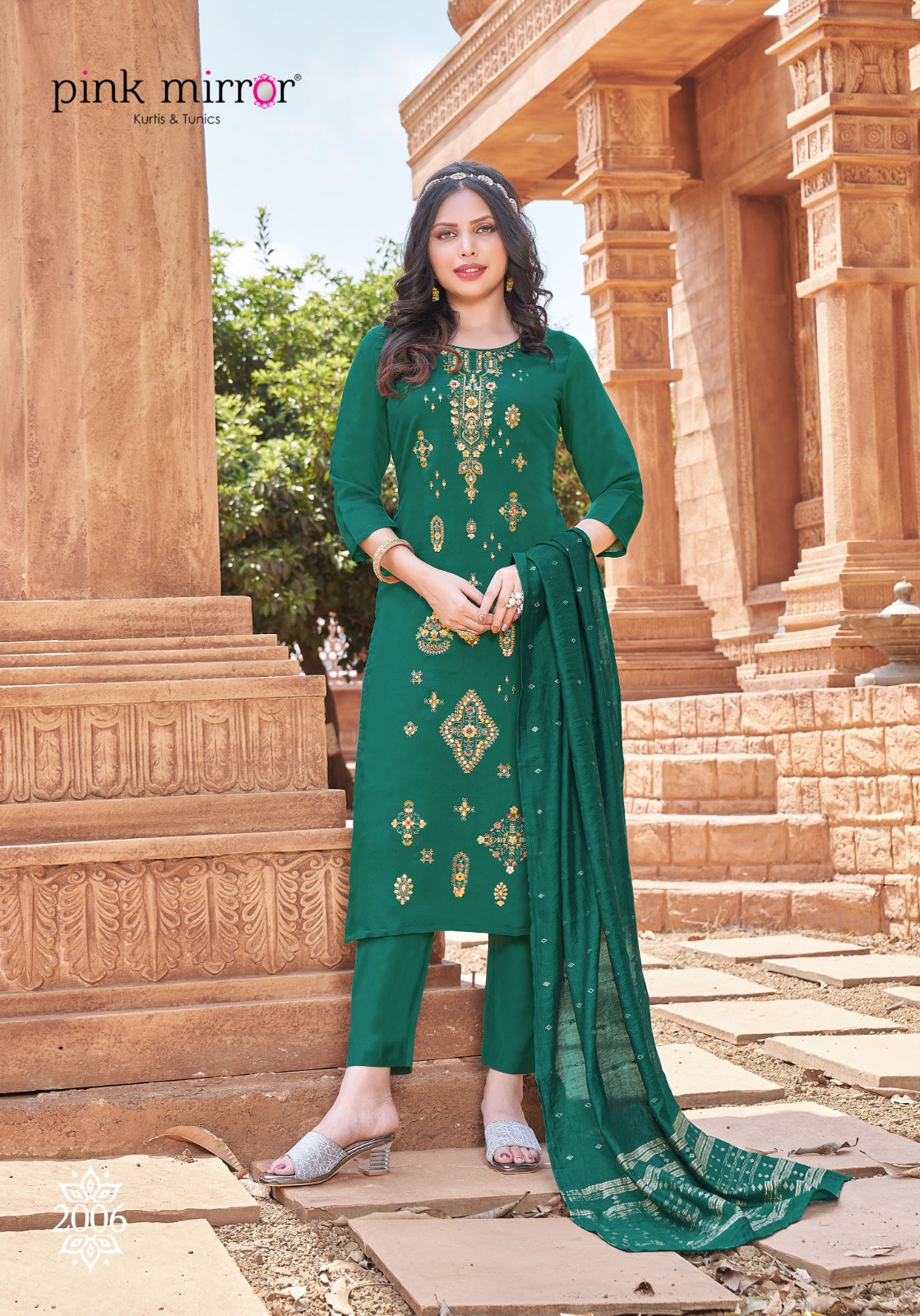 Pink Mirror Tiara Viscose Silk With Embroidery Designer Heavy Kurti Combo Set Wholesaler Surat