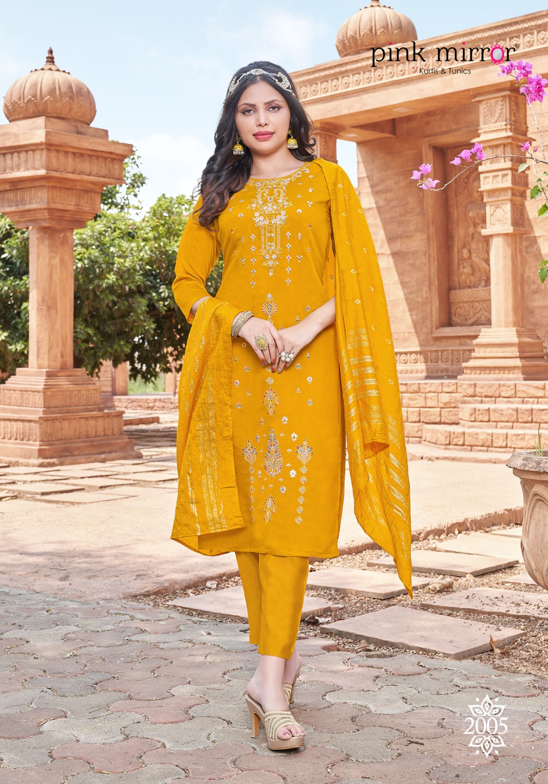 Pink Mirror Tiara Viscose Silk With Embroidery Designer Heavy Kurti Combo Set Wholesaler Surat