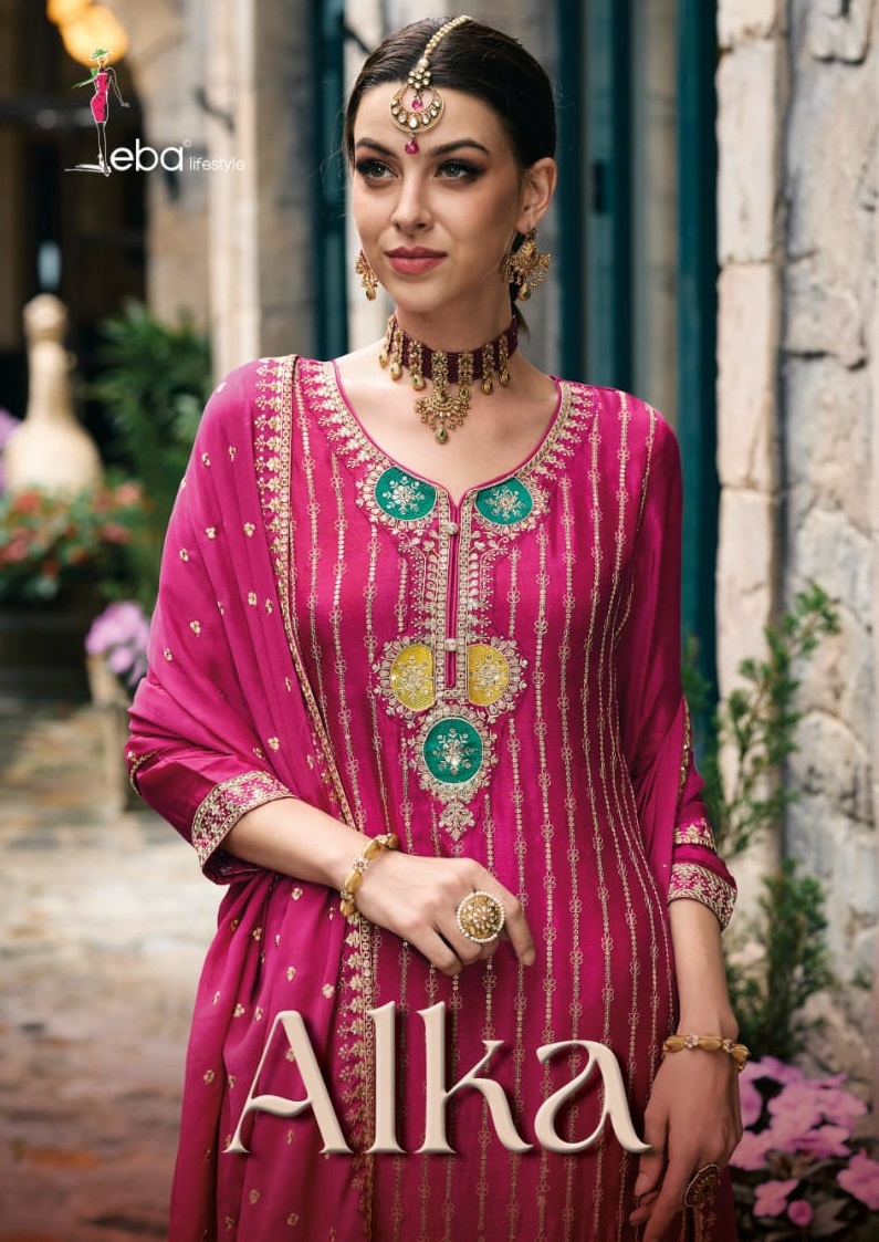 Eba Lifestyle Alka Chinon With Beautiful Heavy Embroidery Designer Festive Wear Suits Wholesaler Surat