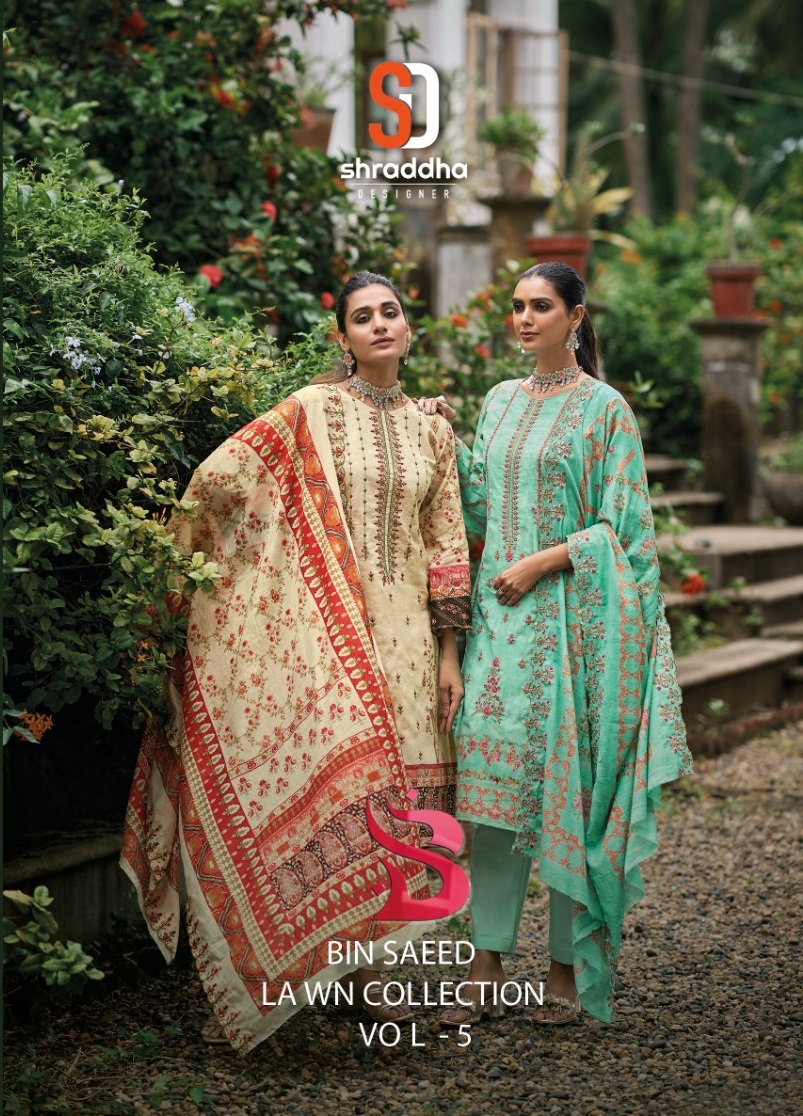 Sharaddha Designer Bin Saeed Lawn Collection Vol 5 Cotton With Self Embroidery Designer Suits Wholesaler Surat