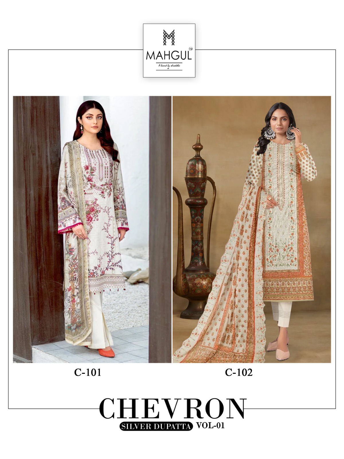 Sharaddha Designer Mahgul Chevron Vol 1 Lawn Cotton Print With Embroidery Work Suits Wholesaler Surat