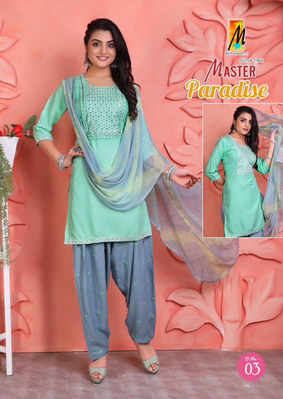 Master Paradise Rayon Fancy Designer Ready Made Patiyala Suits Wholesaler Surat
