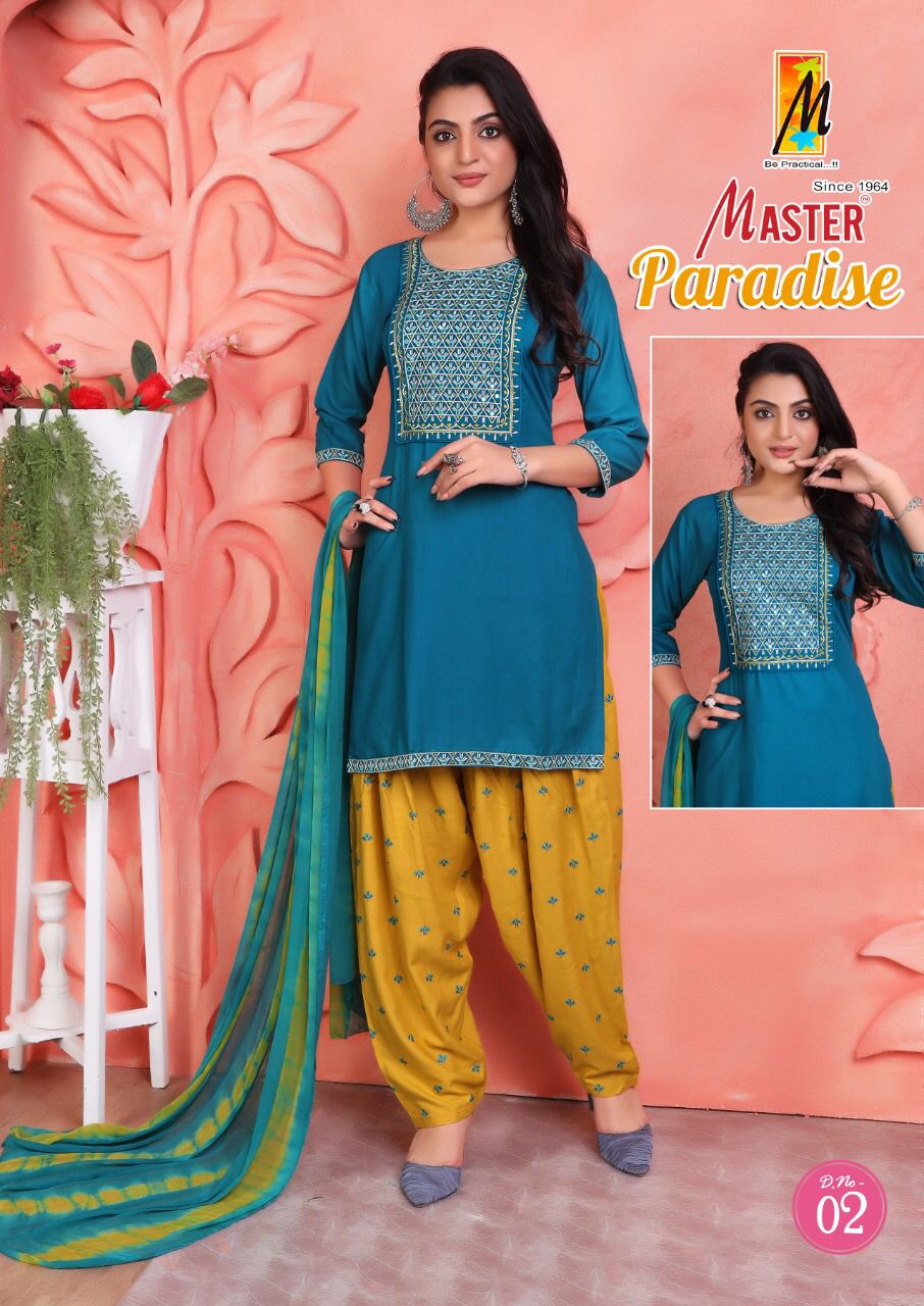 Master Paradise Rayon Fancy Designer Ready Made Patiyala Suits Wholesaler Surat