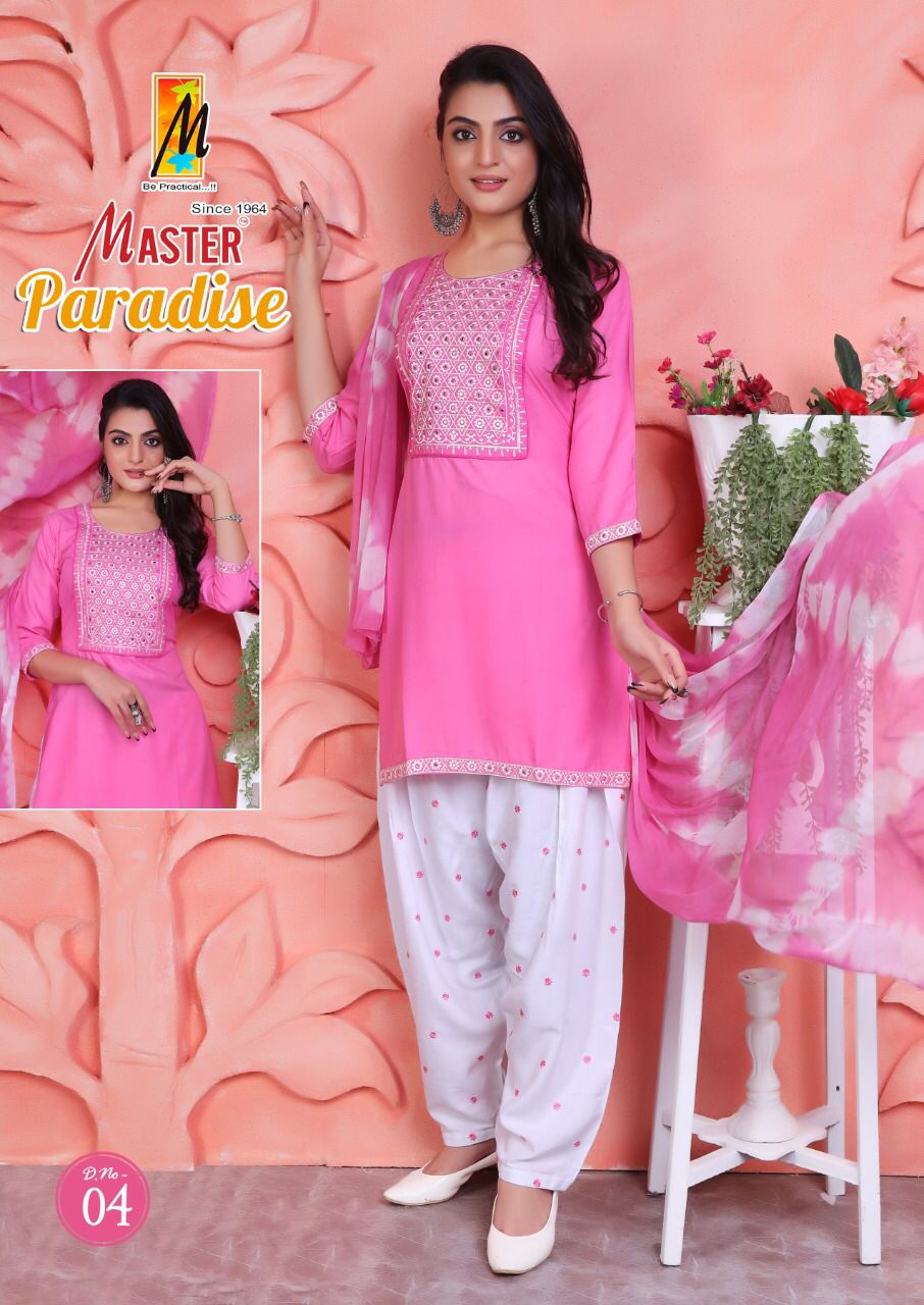 Master Paradise Rayon Fancy Designer Ready Made Patiyala Suits Wholesaler Surat
