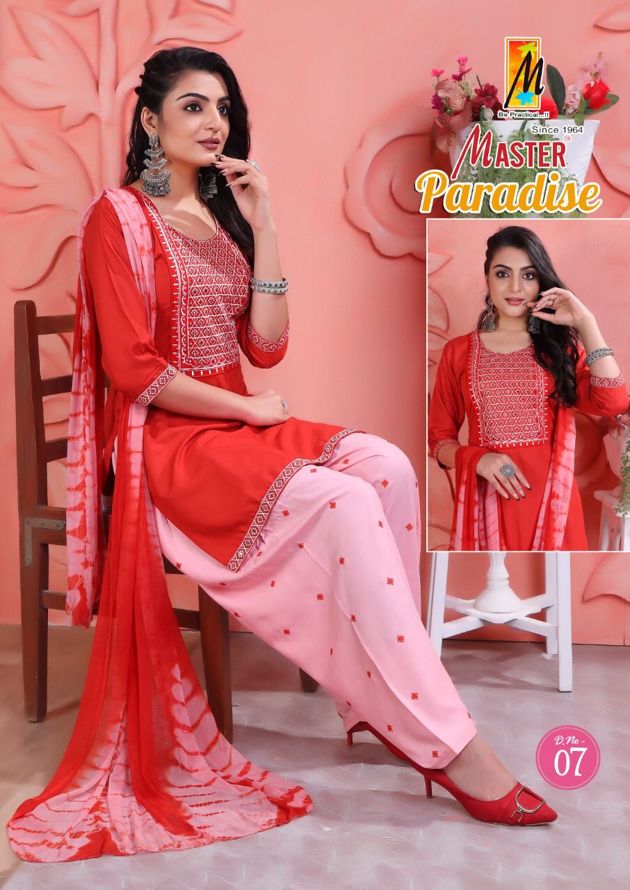 Master Paradise Rayon Fancy Designer Ready Made Patiyala Suits Wholesaler Surat