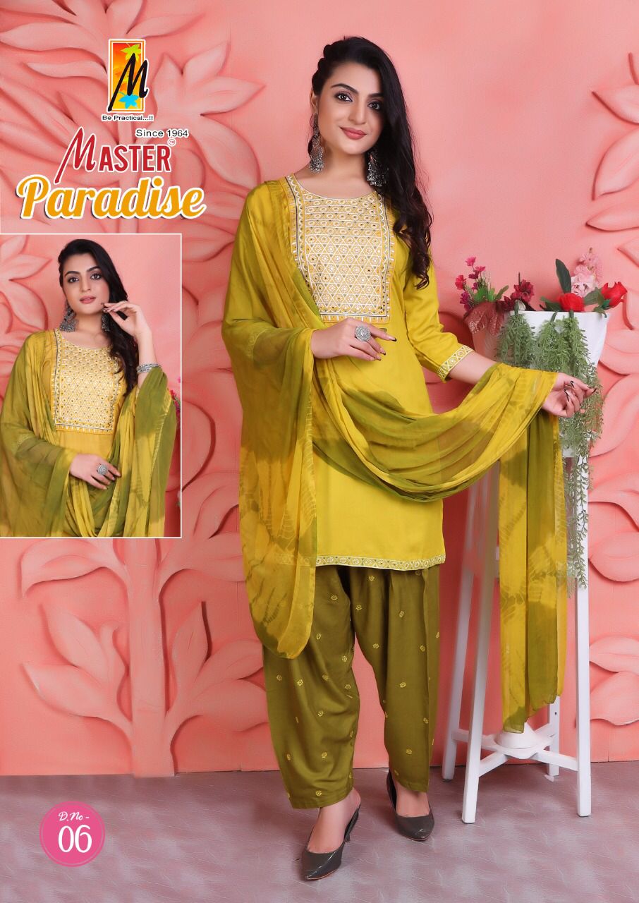 Master Paradise Rayon Fancy Designer Ready Made Patiyala Suits Wholesaler Surat