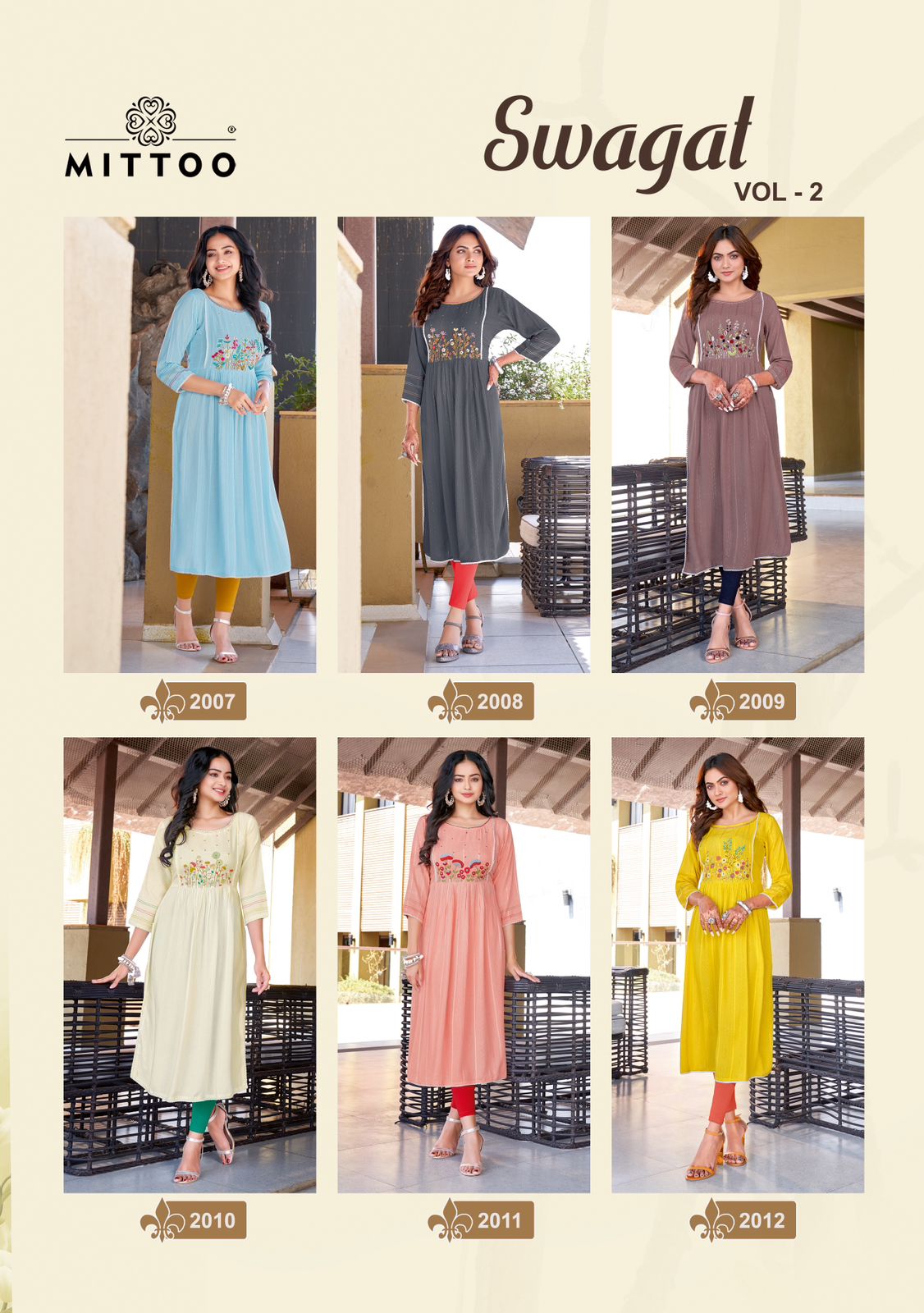 Mittoo Swagat Vol 2 Rayon Fancy Hand Works Naira Style Kurtis Wholesaler Surat