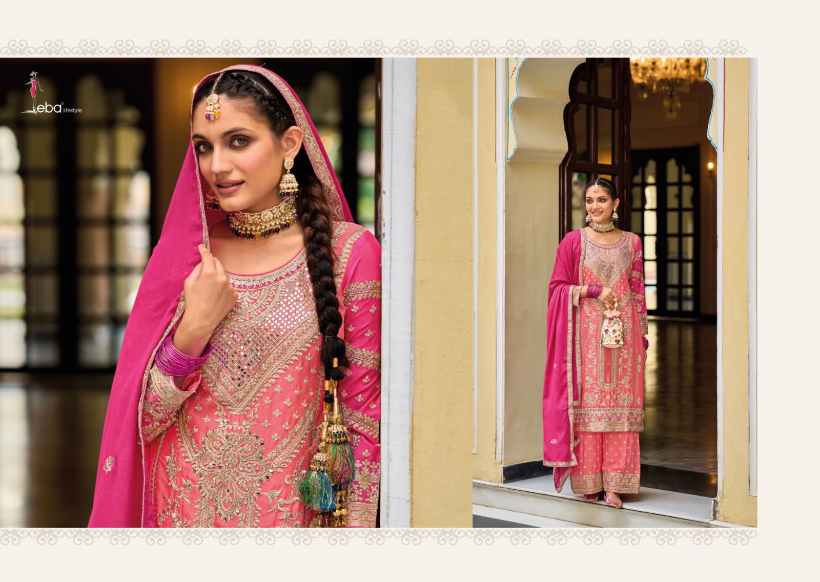Eba Lifestyle Surili Chinon Fabrics With Heavy Embroidery Designer Ready Made Plazzo Suits Wholesaler Surat
