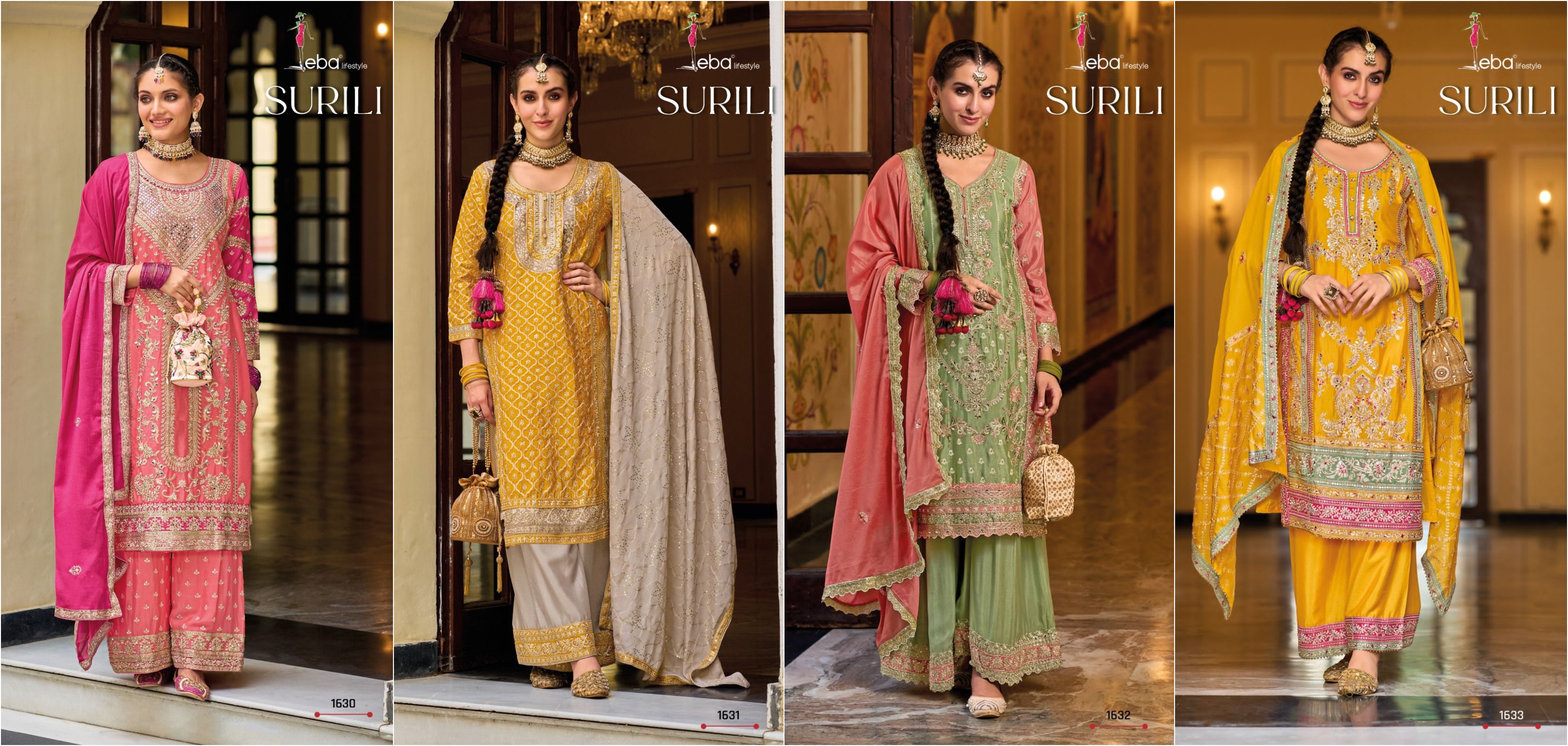 Eba Lifestyle Surili Chinon Fabrics With Heavy Embroidery Designer Ready Made Plazzo Suits Wholesaler Surat