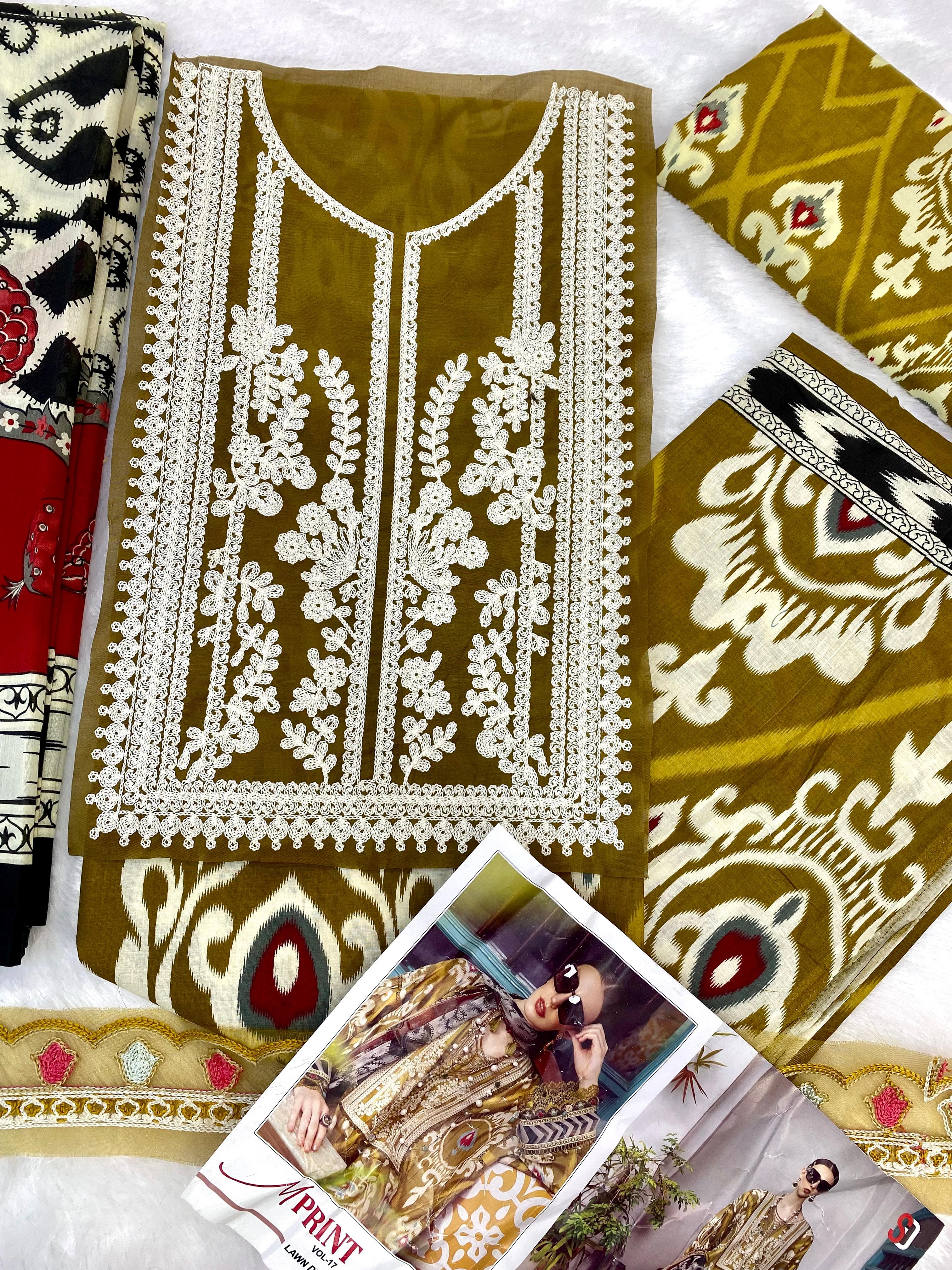 Sharaddha Designer M Print Vol 17 Lawn Cotton Printed With Heavy Patch Embroidery Salwar Kameez Wholesaler Surat
