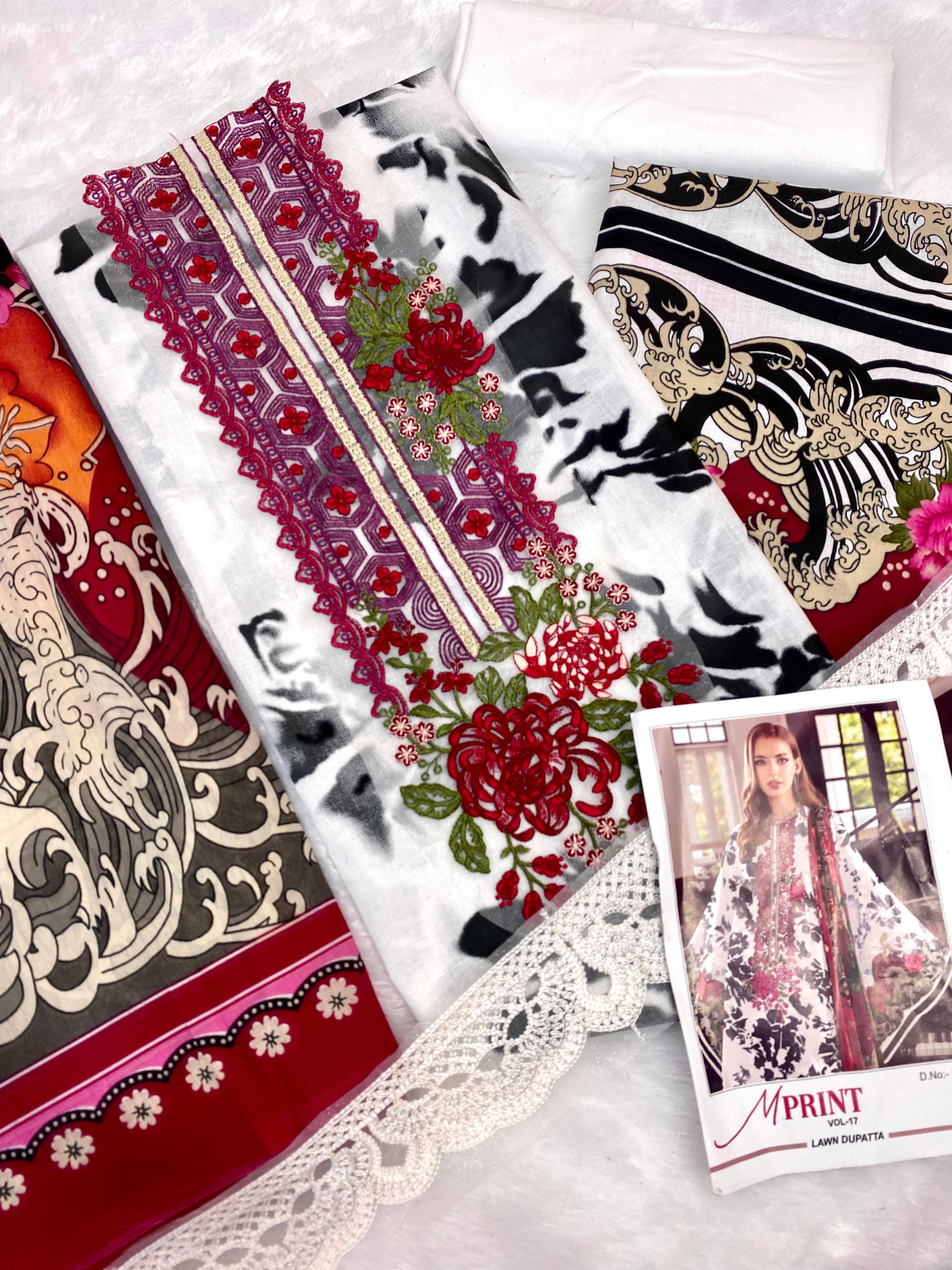 Sharaddha Designer M Print Vol 17 Lawn Cotton Printed With Heavy Patch Embroidery Salwar Kameez Wholesaler Surat