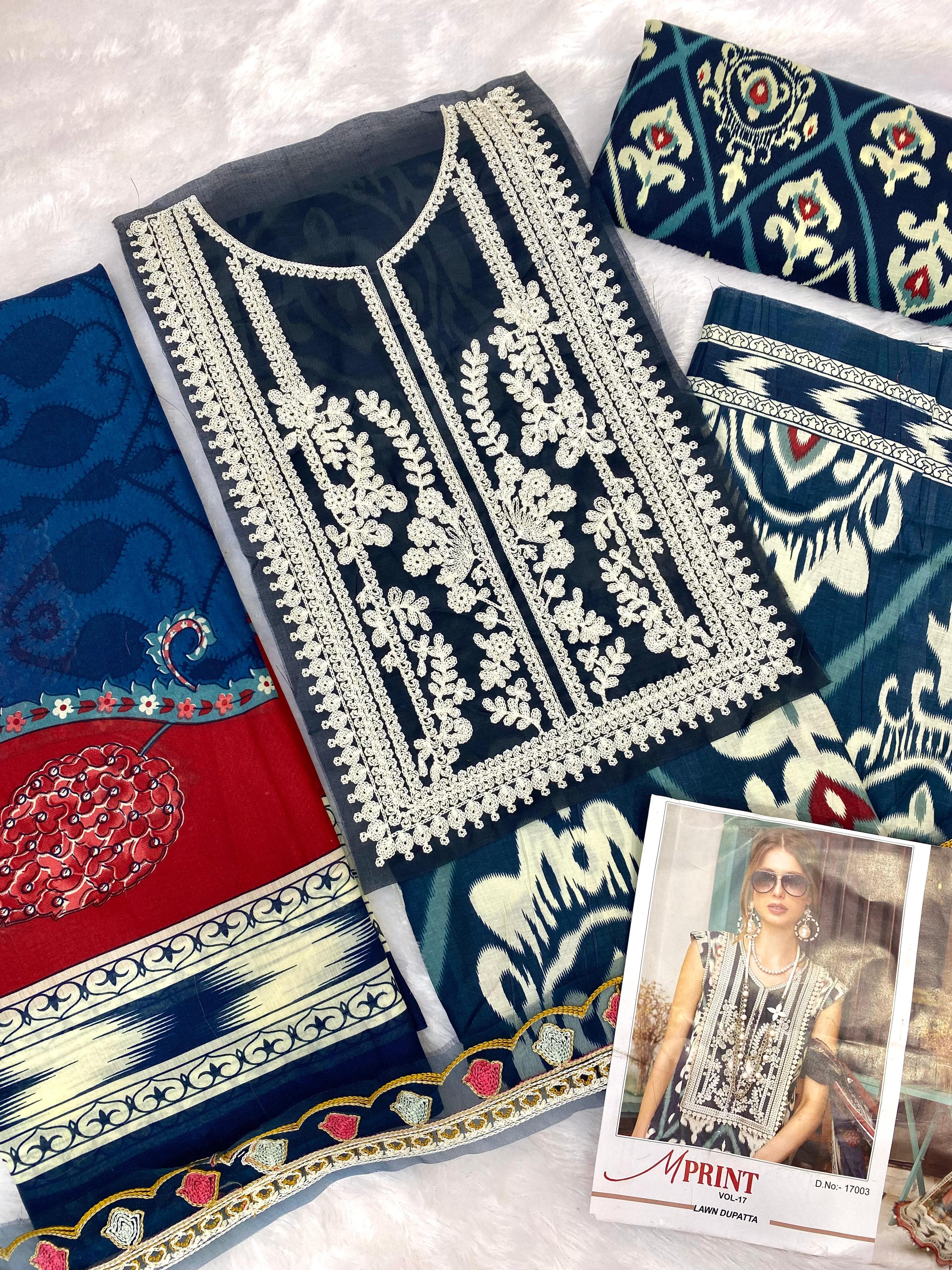 Sharaddha Designer M Print Vol 17 Lawn Cotton Printed With Heavy Patch Embroidery Salwar Kameez Wholesaler Surat