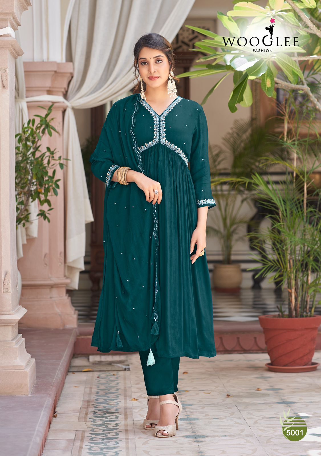 Wooglee Reeva Chinon Fabrics With Fancy Embroidery Designer Alia Style Kurti With Pant And Dupatta Combo Wholesaler Surat
