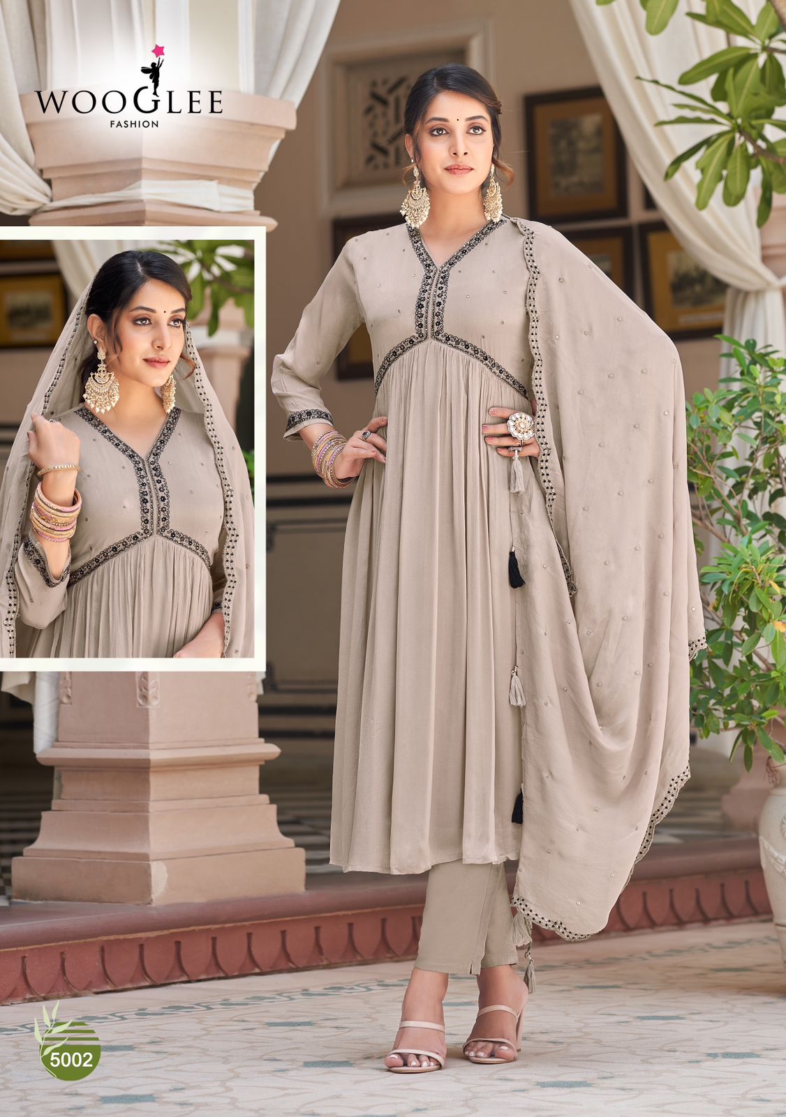 Wooglee Reeva Chinon Fabrics With Fancy Embroidery Designer Alia Style Kurti With Pant And Dupatta Combo Wholesaler Surat
