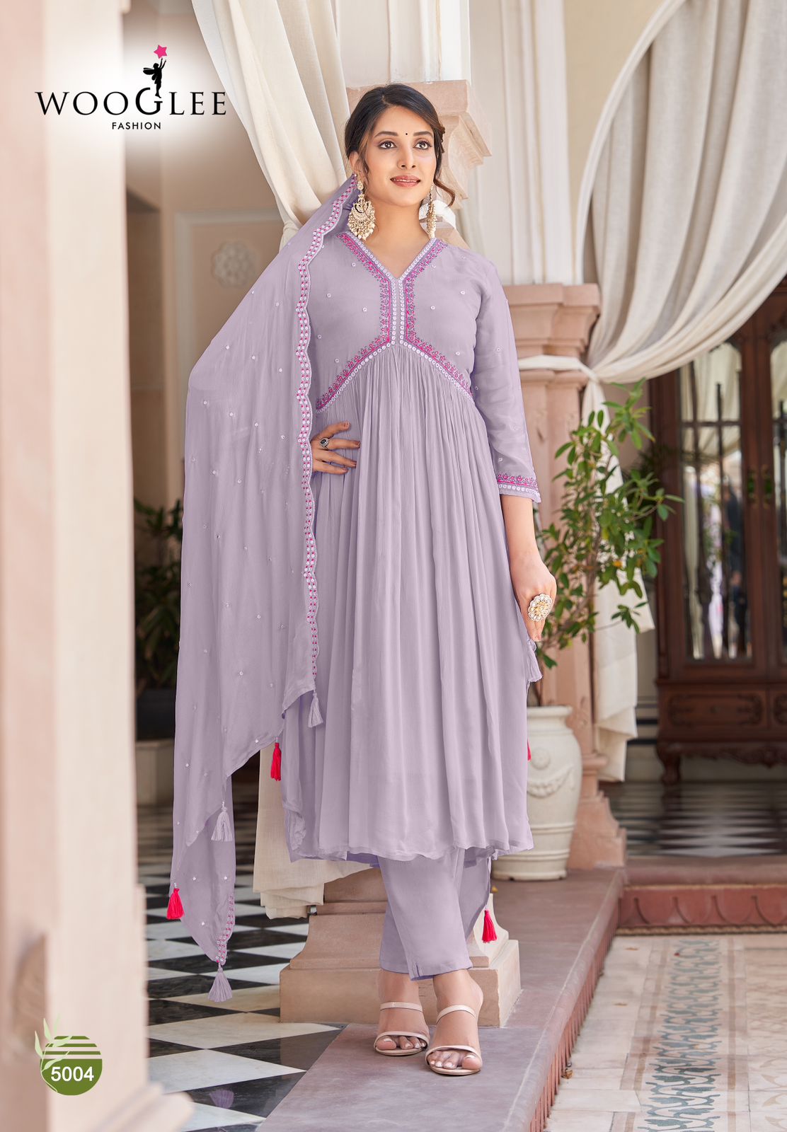 Wooglee Reeva Chinon Fabrics With Fancy Embroidery Designer Alia Style Kurti With Pant And Dupatta Combo Wholesaler Surat