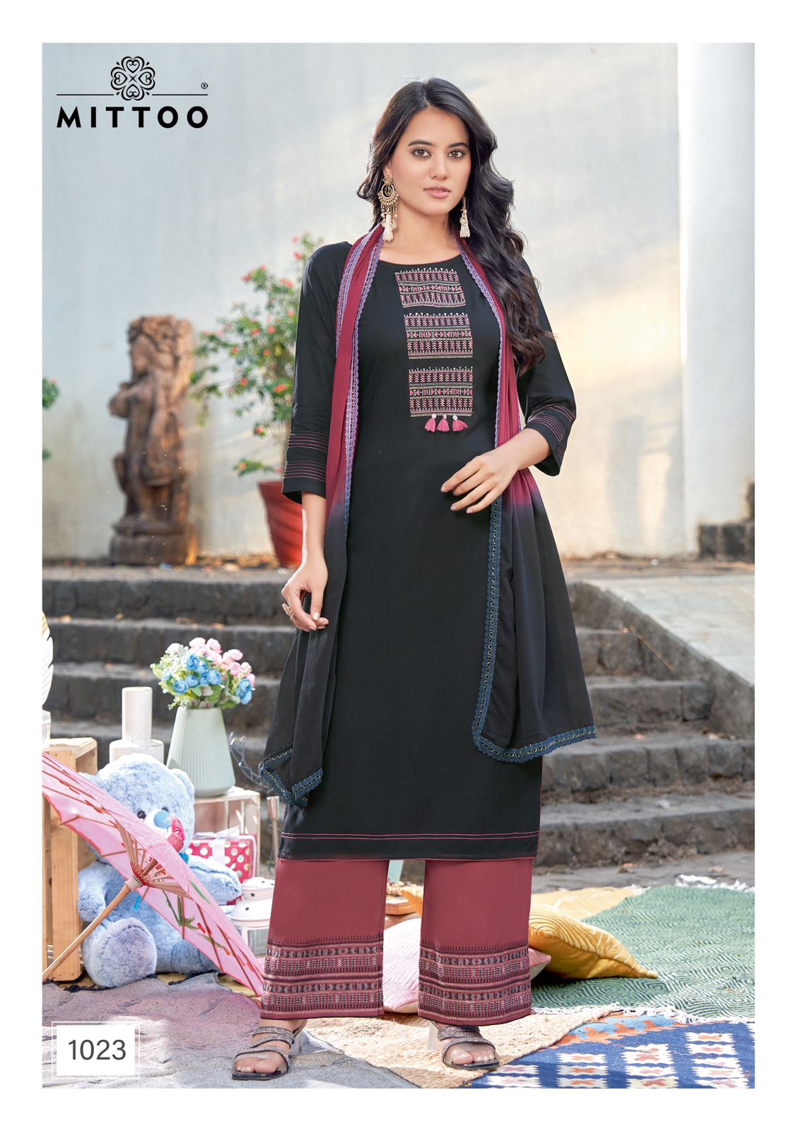 Mittoo Saara Vol 3 Rayon Fancy Designer Kurti With Plazzo & Chiffon Dupatta Combo Wholesaler Surat