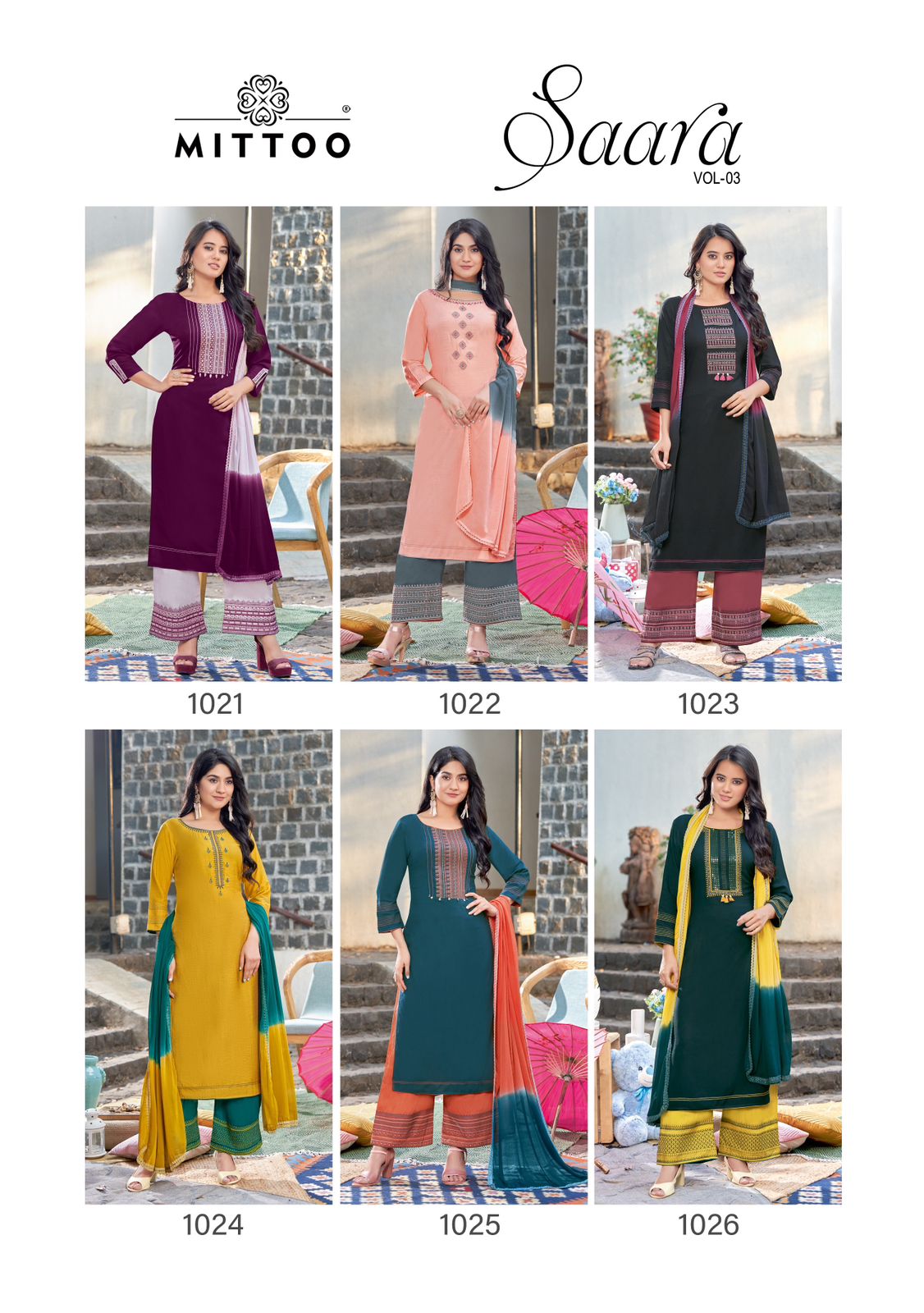 Mittoo Saara Vol 3 Rayon Fancy Designer Kurti With Plazzo & Chiffon Dupatta Combo Wholesaler Surat