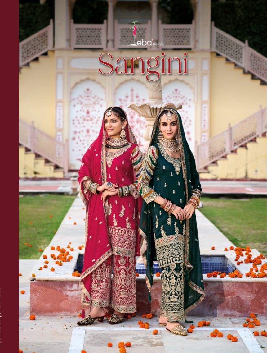 Eba Lifestyle Sangini Silk With Heavy Embroidery Designer Ready Made Plazzo Suits Wholesaler Surat