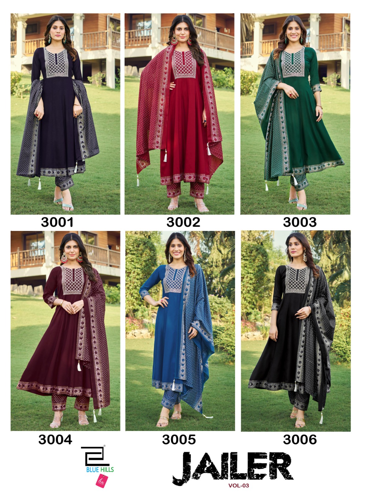 Blue Hills Jailer Vol 3 Rayon Fancy Embroidery Designer Kurti Combo Set Wholesaler Surat