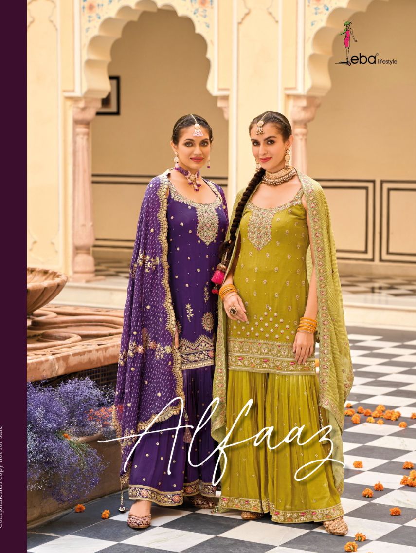 Eba Life Style Alfaaz Chinon With Beautiful Embroidery Designer Ready Made Sharara Suits Wholesaler Surat