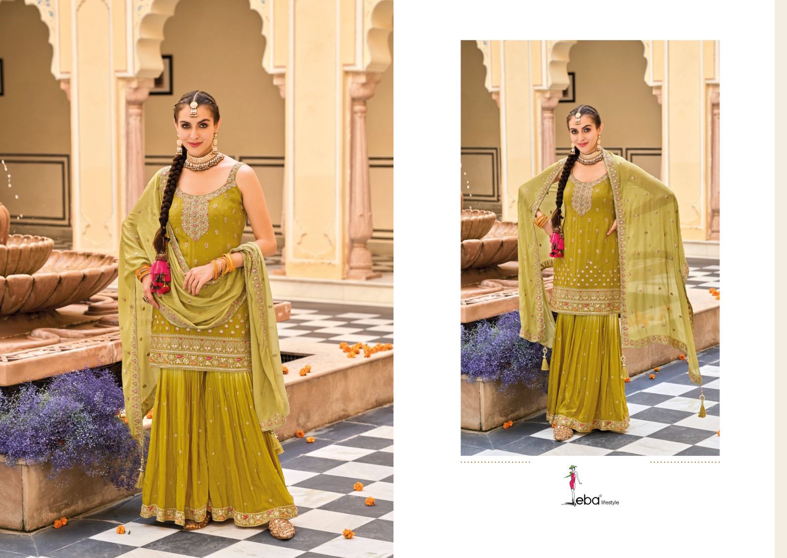 Eba Life Style Alfaaz Chinon With Beautiful Embroidery Designer Ready Made Sharara Suits Wholesaler Surat