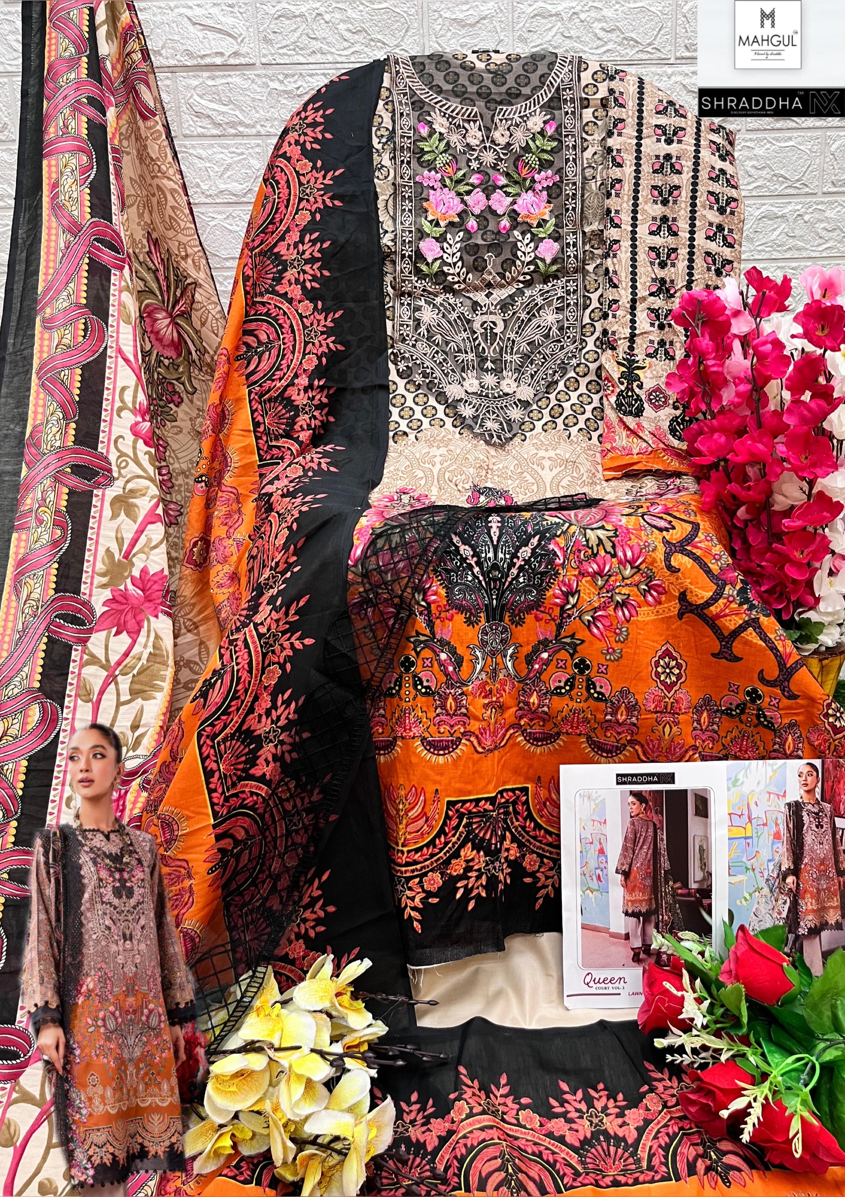 Sharaddha Nx Queen Court Vol 2 Lawn Cotton Printed With Patch Embroidery Work Salwar Kameez Wholesaler Surat