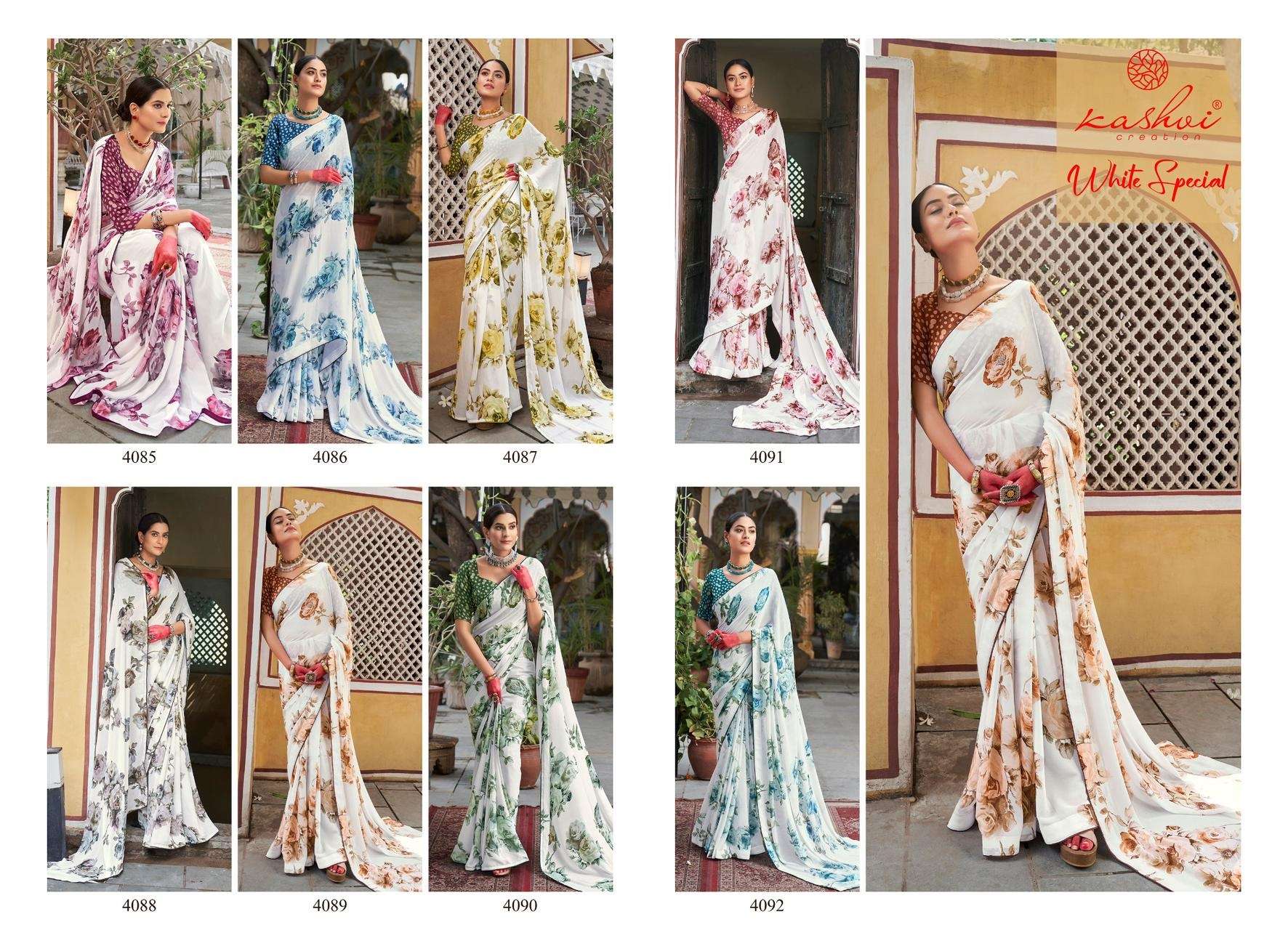 KASHVI CREATION WHITE SPECIAL VOL 2 DIGITAL PRINT CHIFFON SAREES 