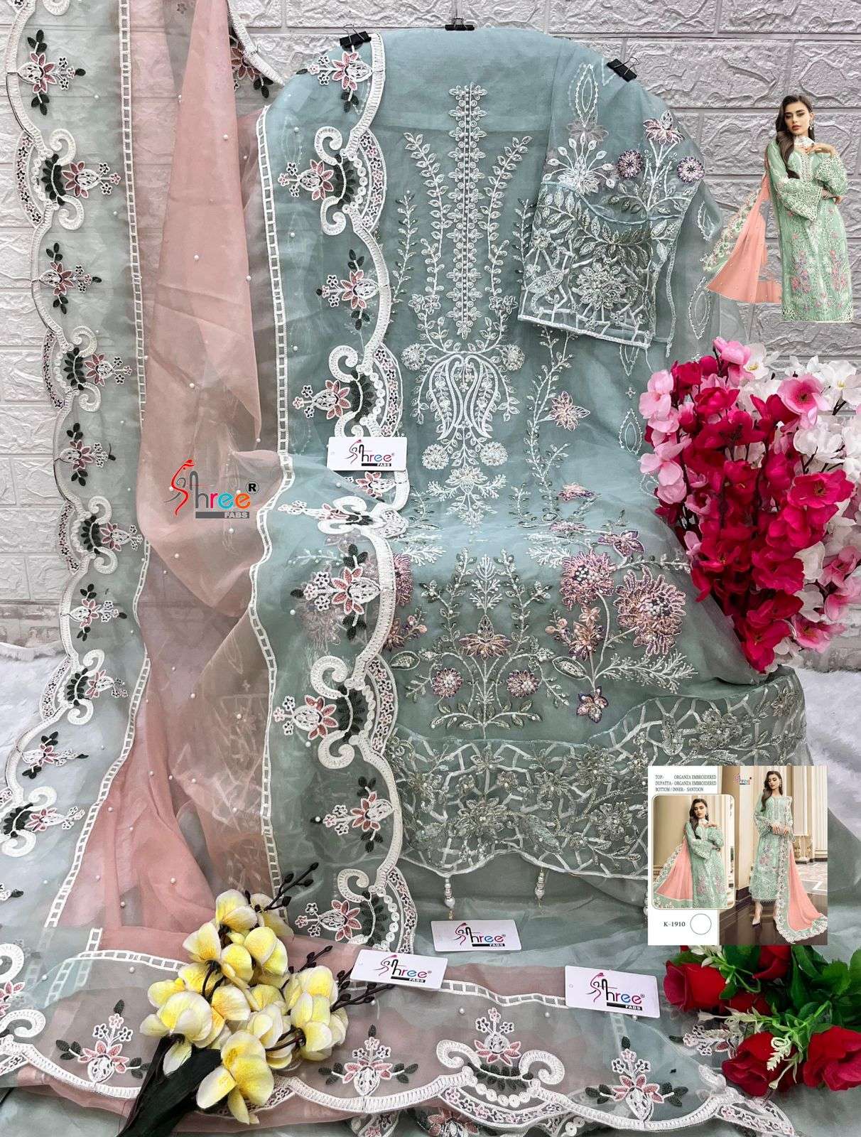 SHREE FABS K 1910 ORGANZA EMBROIDERED PAKISTANI SUITS 