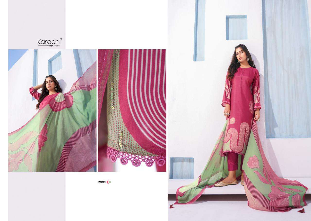 KARACHI PRINTS FINE LINES MUSLIN DESIGNER SUIT