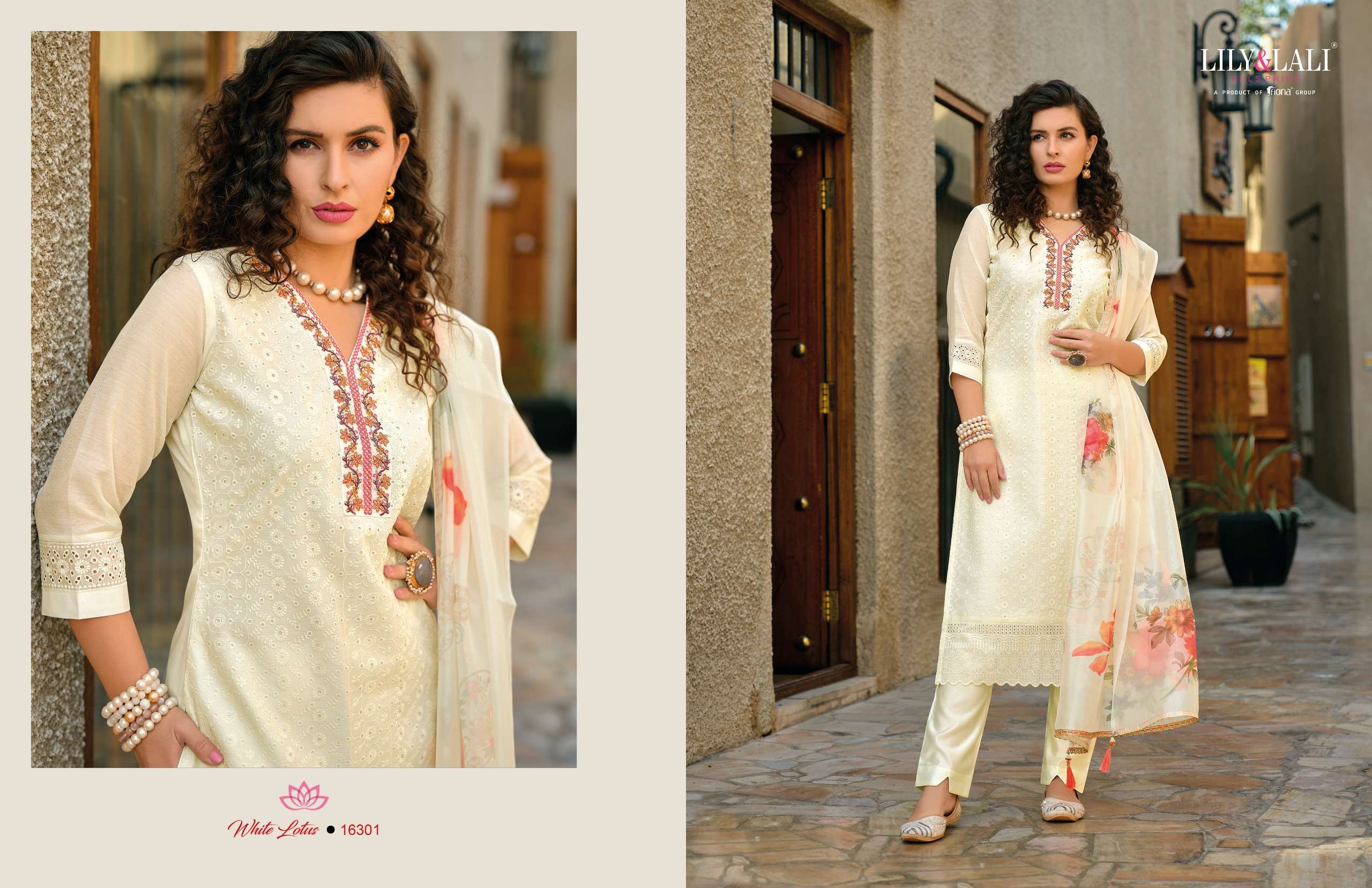 LILY AND LALI WHITE LOTUS SCHIFFLI DESIGNER SUIT