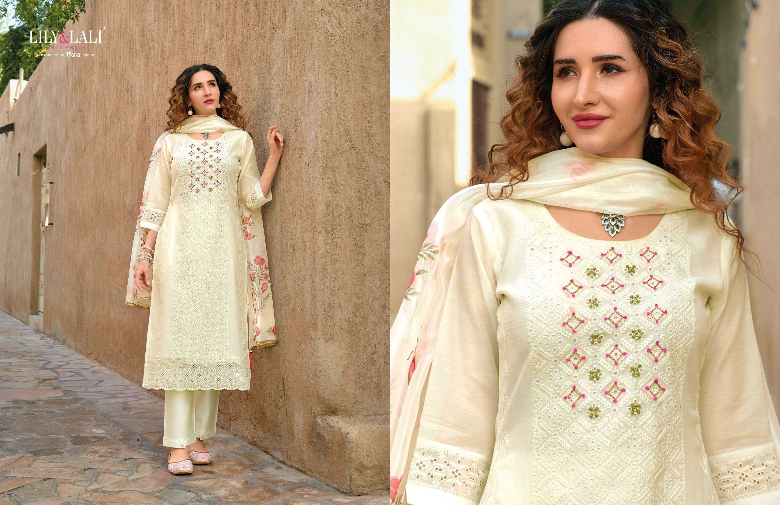 LILY AND LALI WHITE LOTUS SCHIFFLI DESIGNER SUIT