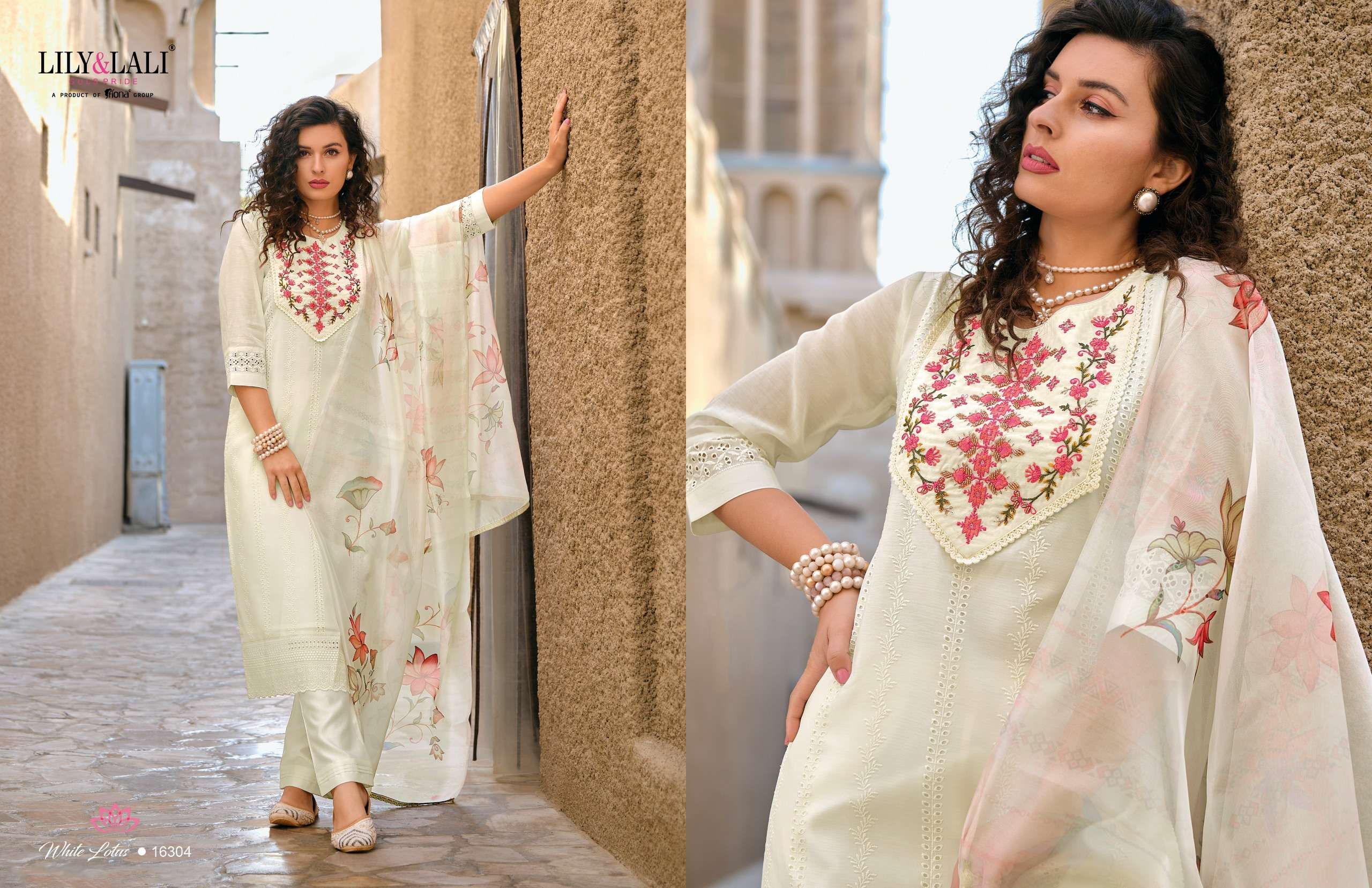 LILY AND LALI WHITE LOTUS SCHIFFLI DESIGNER SUIT