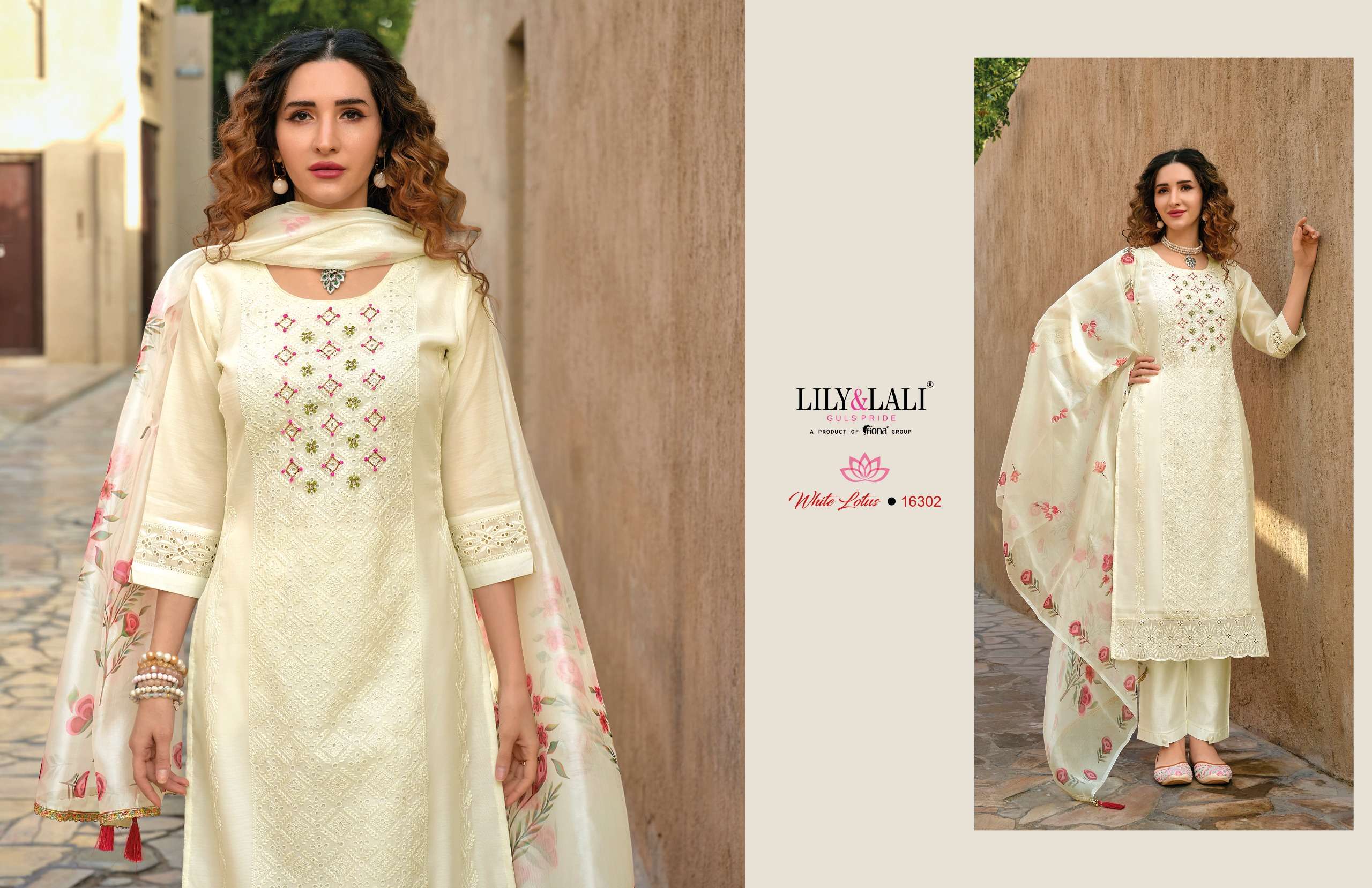 LILY AND LALI WHITE LOTUS SCHIFFLI DESIGNER SUIT