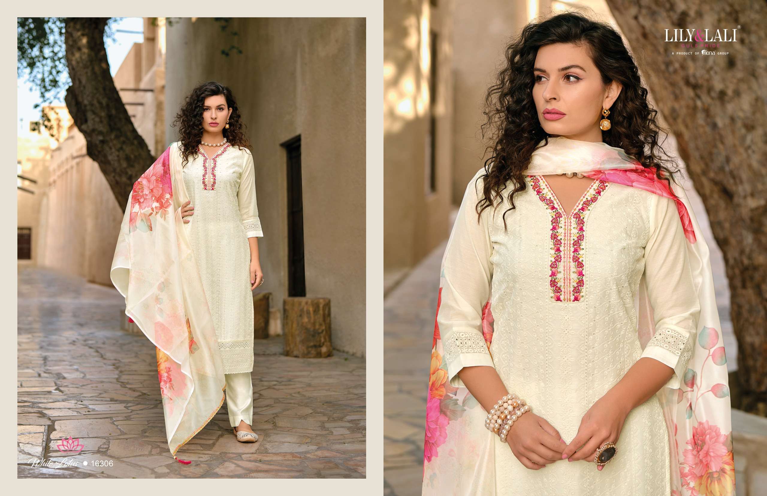 LILY AND LALI WHITE LOTUS SCHIFFLI DESIGNER SUIT