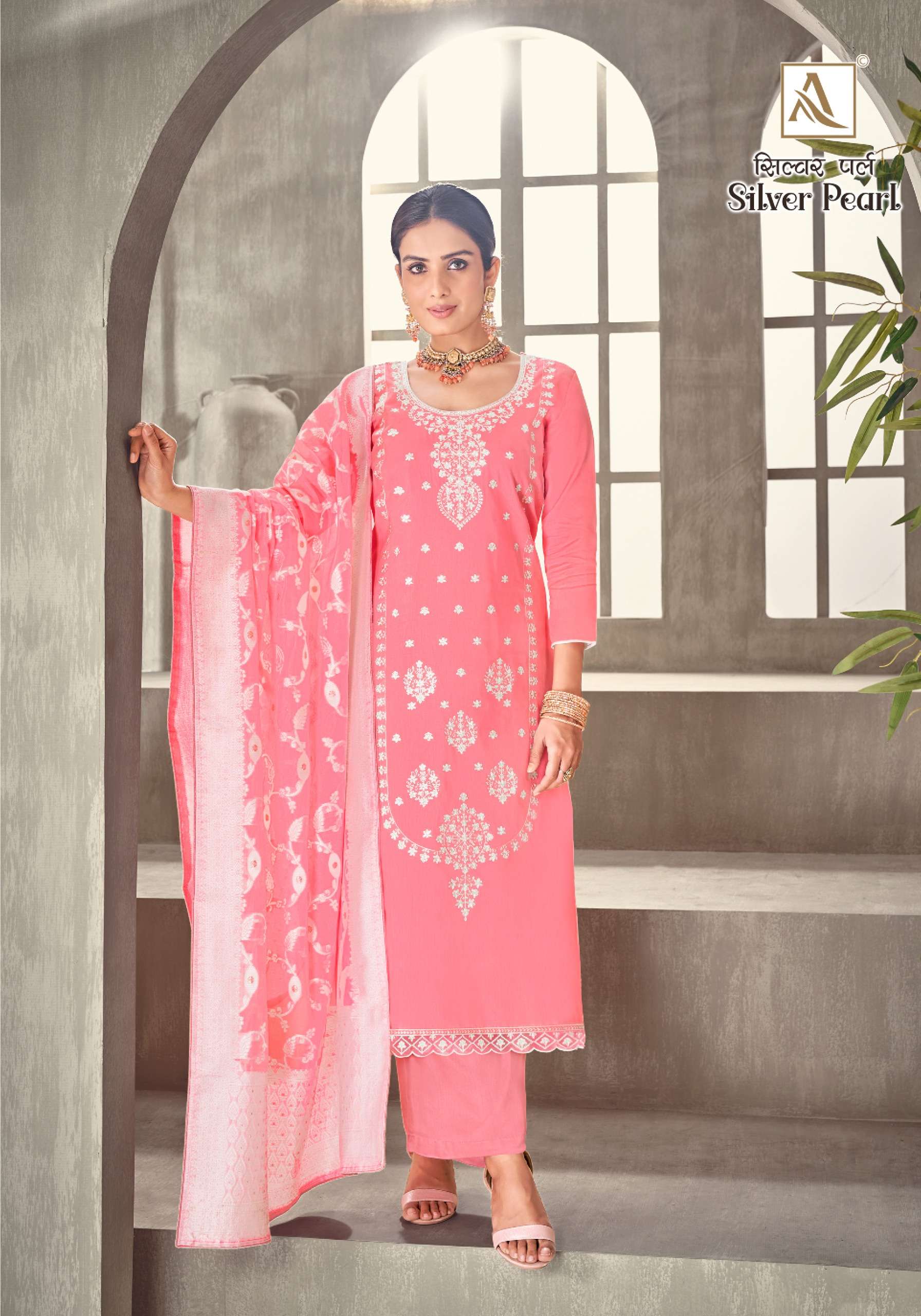 ALOK SUITS SILVER PEARL JAM COTTON LUCKNOWI WORK SUIT