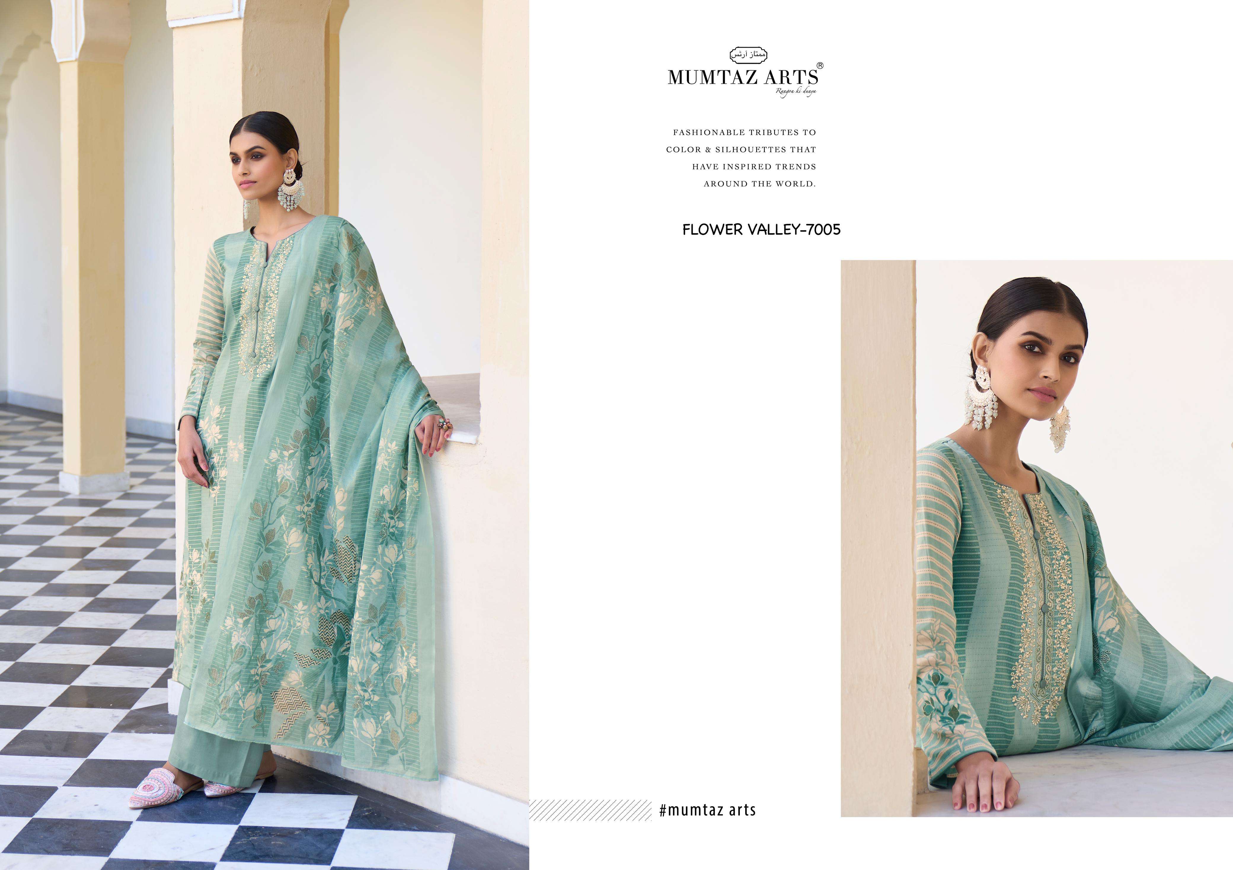 MUMTAZ ARTS FLOWER VALLEY JAM SATIN FANCY WORK SUIT
